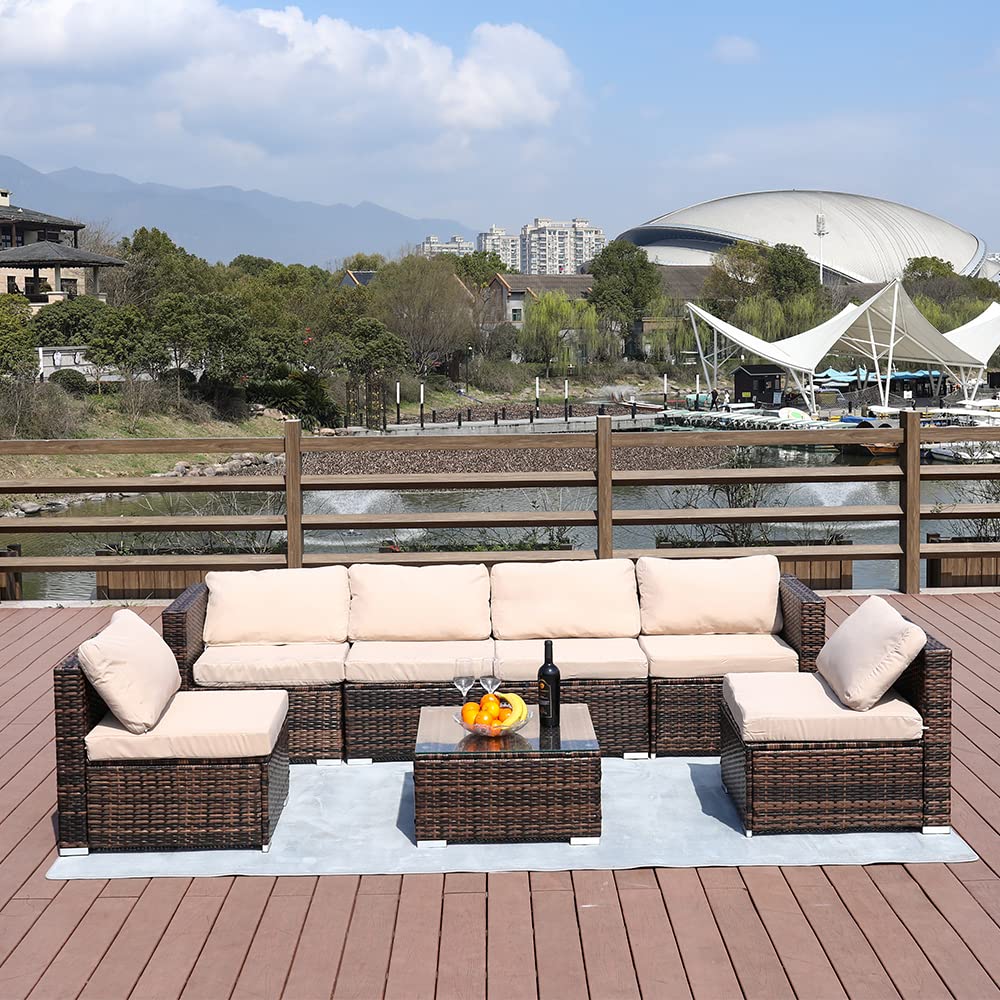 VANCIKI 7-Piece Patio Furniture Set with Tempered Glass Coffee Table, Rattan Wicker Sectional Sofa & Chairs with Cushions - Outdoor Conversation Set for Lawn, Garden, Beach, Poolside & Balcony | Perfect for Backyard BBQs, Summer Relaxation & Pool Parties