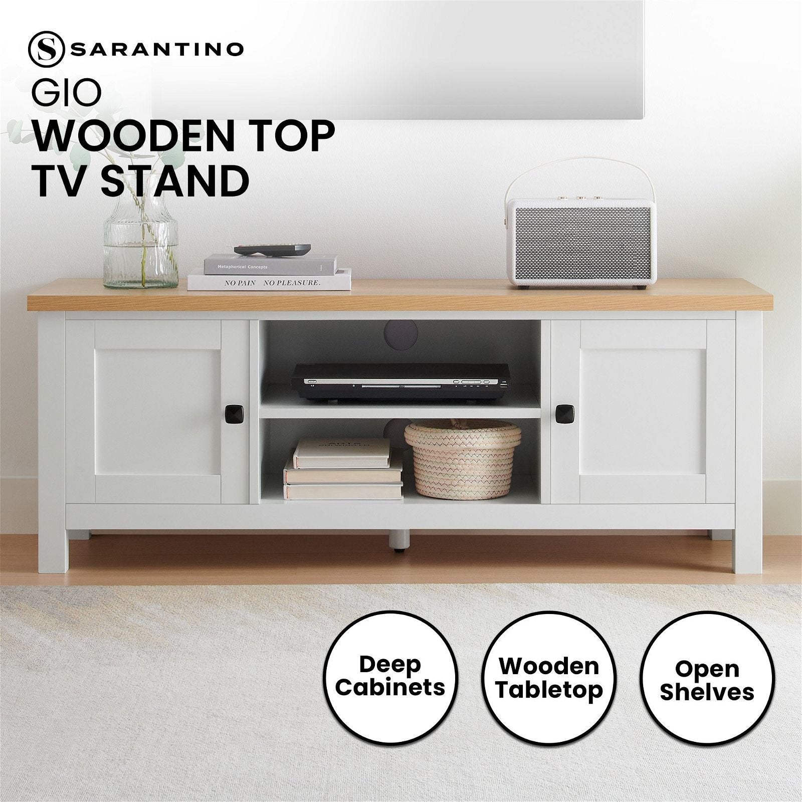 Sarantino Gio TV Stand - White & Natural Wood Entertainment Center for Living Room - Perfect for Flat Screen TVs & Home Theater Setup
