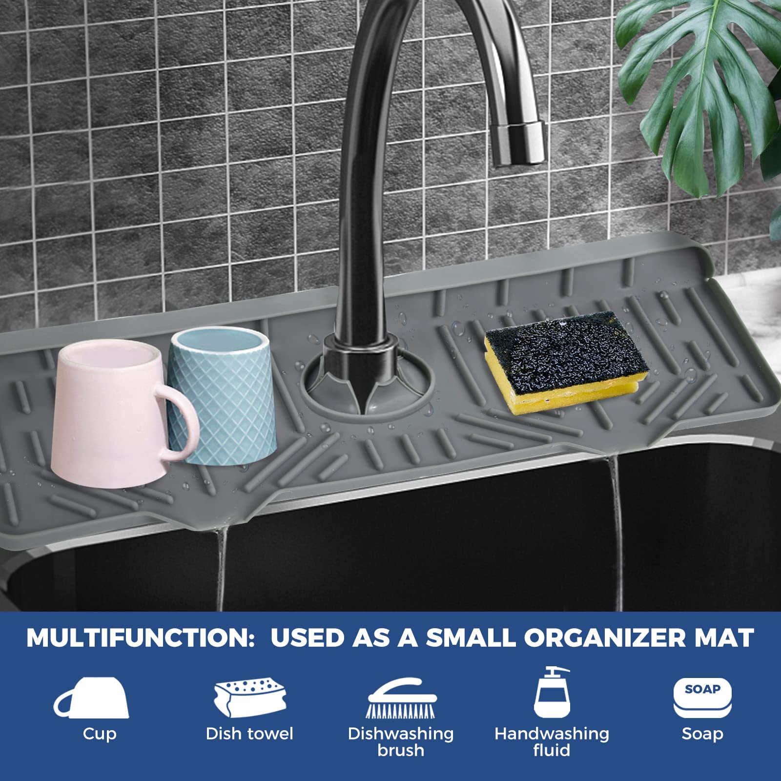 Non-Slip Silicone Sink Splash Guard & Drip Catcher Tray - Kitchen Faucet Protector with Dish Sponge Holder | Water Saving Home Organization Accessories for Kitchen Sink (Perfect for Preventing Water Spills & Keeping Countertops Dry)