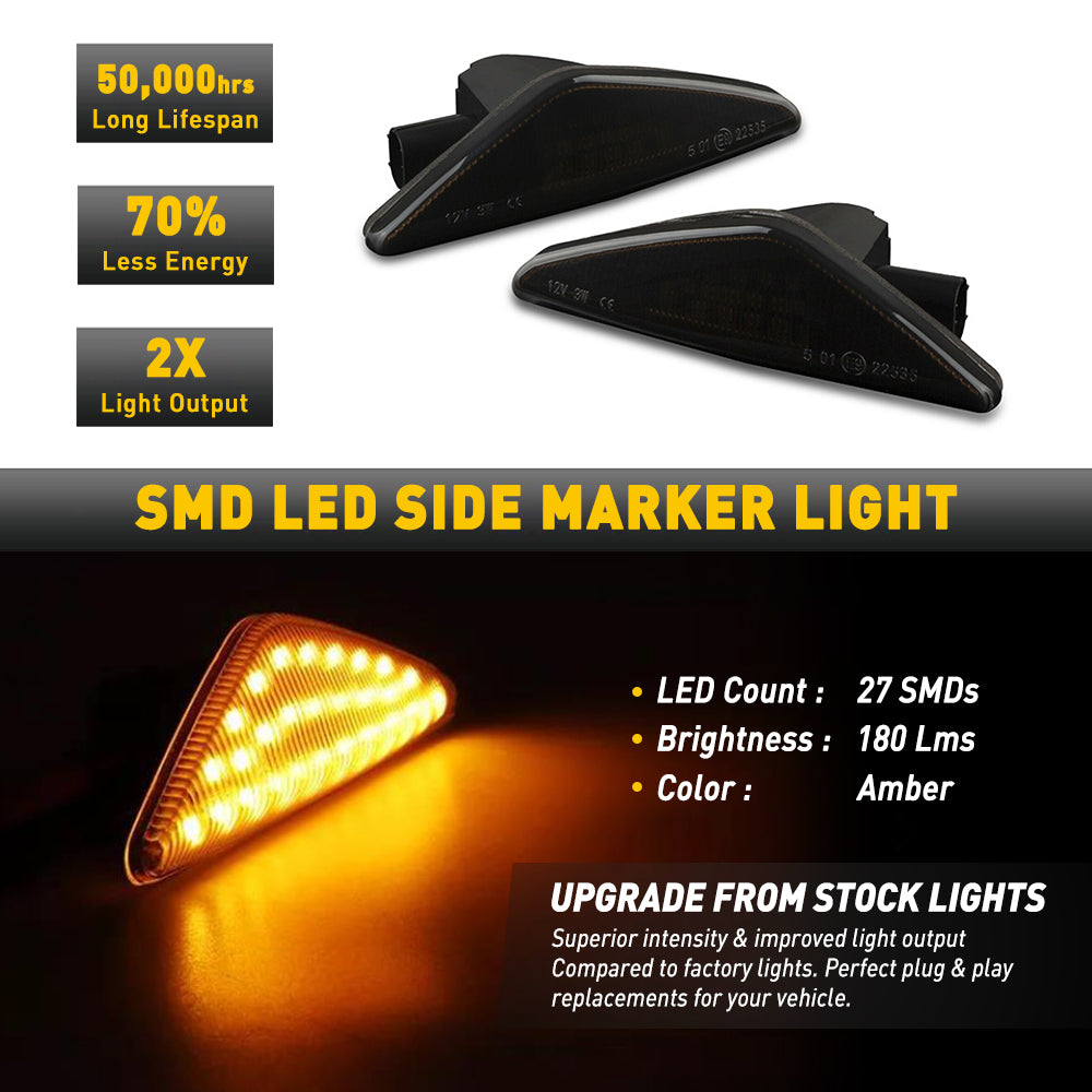 2007-2014 BMW X5 X3 X6 Dynamic Amber LED Smoke Side Marker Turn Signal Lights - 2Pcs - Upgrade Your Car's Style & Safety for Night Driving