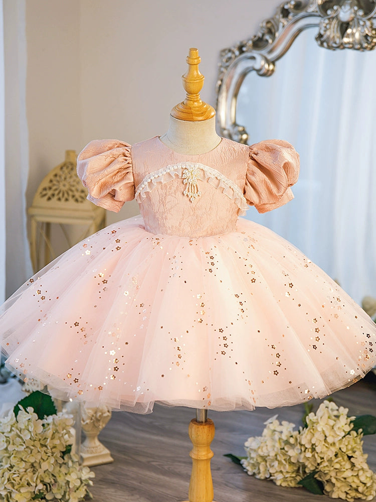 Pink Princess Round Tea Length Satin Flower Girl Dress for Weddings, Flower Girls, and Special Occasions