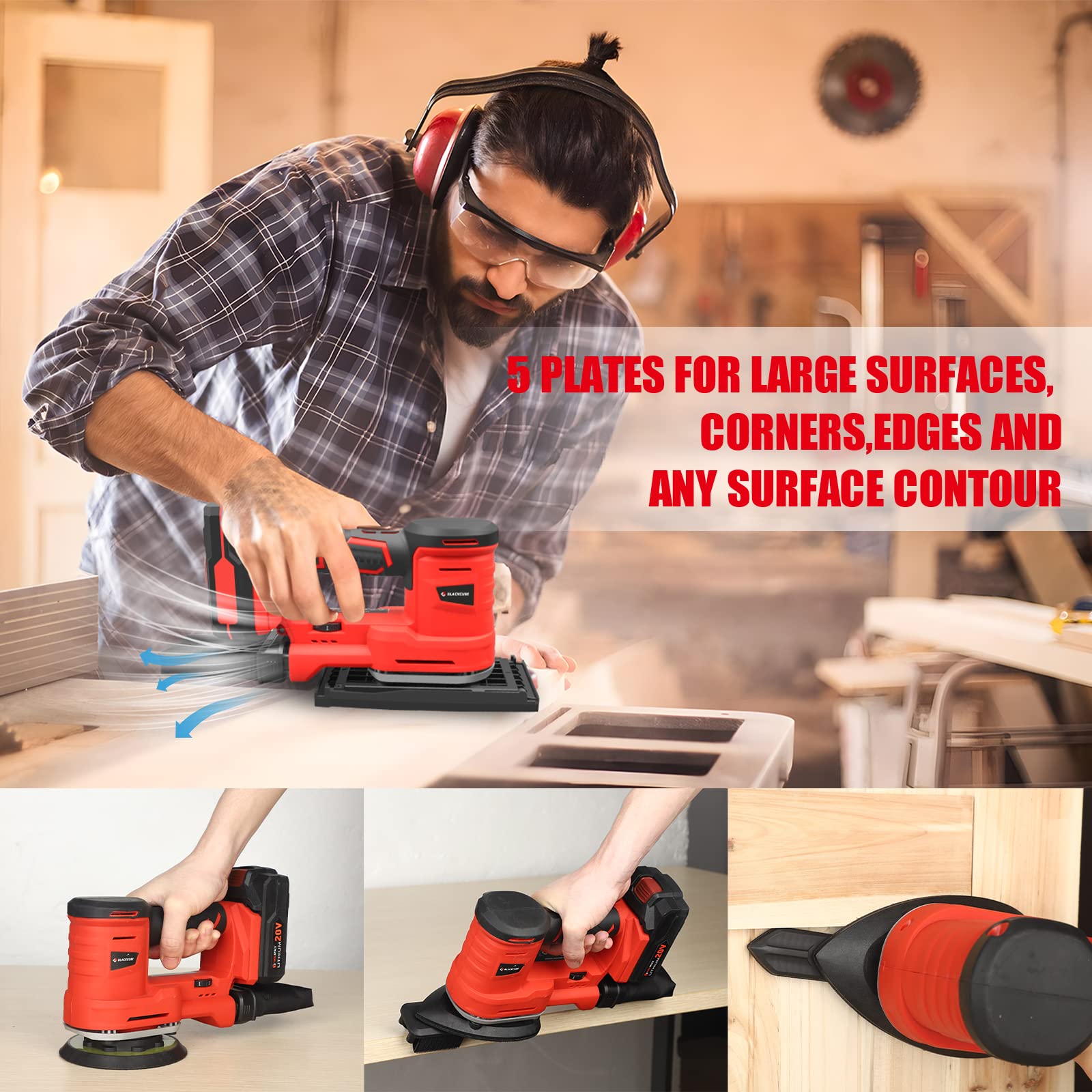 BLACKCUBE 20V Cordless 5-in-1 Multi-Function Detail Sander with 6 Speed Control, Dust Bag, 2.0Ah Battery & Fast Charger - Perfect for Wood Sanding, Furniture Refinishing, DIY Projects - Includes 10 Sanding Papers