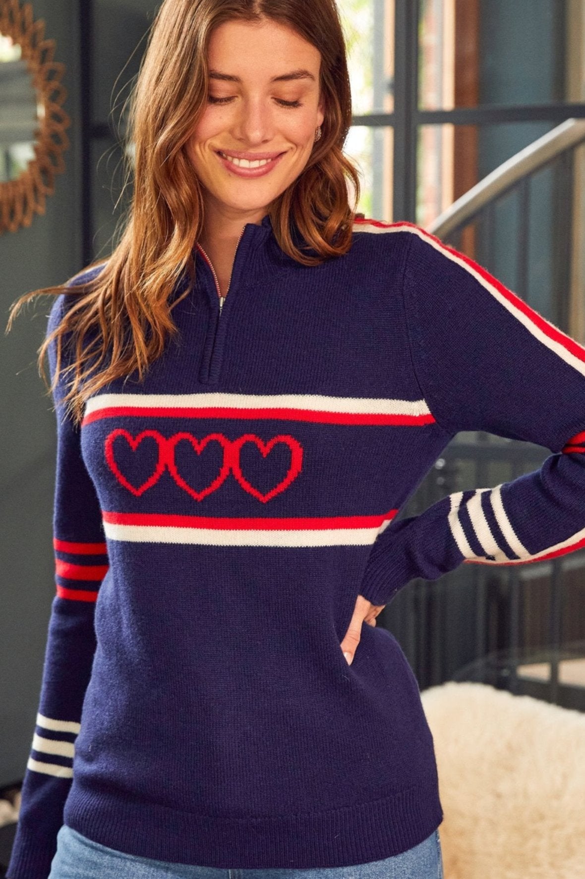Merino Wool Striped Hearts Quarter Zip Sweater - Navy, Cream, Red | Cozy Winter Pullover for Women & Men | Perfect for Casual Outfits, Outdoor Activities & Layering