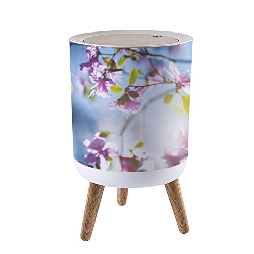 Press Cover Round Trash Bin with Legs - Pink Floral Design on Blue Sky - Push Top Lid - Dog Proof Wastebasket - 7L/1.8 Gallon Capacity - Perfect for Living Room, Kitchen, Office & Bedroom