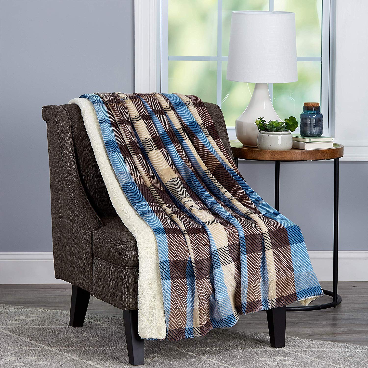 Lavish Home Poly Fleece Sherpa Throw Blanket - Oversized Plush Woven Polyester Sofa & Bed Blanket - Breathable, Machine Washable - Blue/Brown Plaid - Perfect for Cozy Nights, Movie Time & Home Decor
