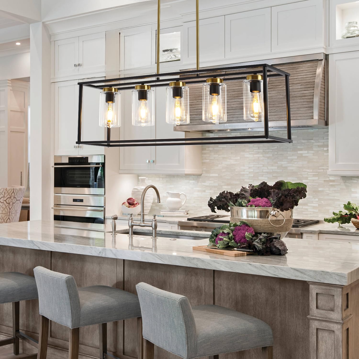 36 Inch Modern Farmhouse Pendant Light - Adjustable Height Industrial Chandelier with Glass Shade for Kitchen Island & Dining Room Lighting | Perfect for Farmhouse, Industrial & Contemporary Home Decor