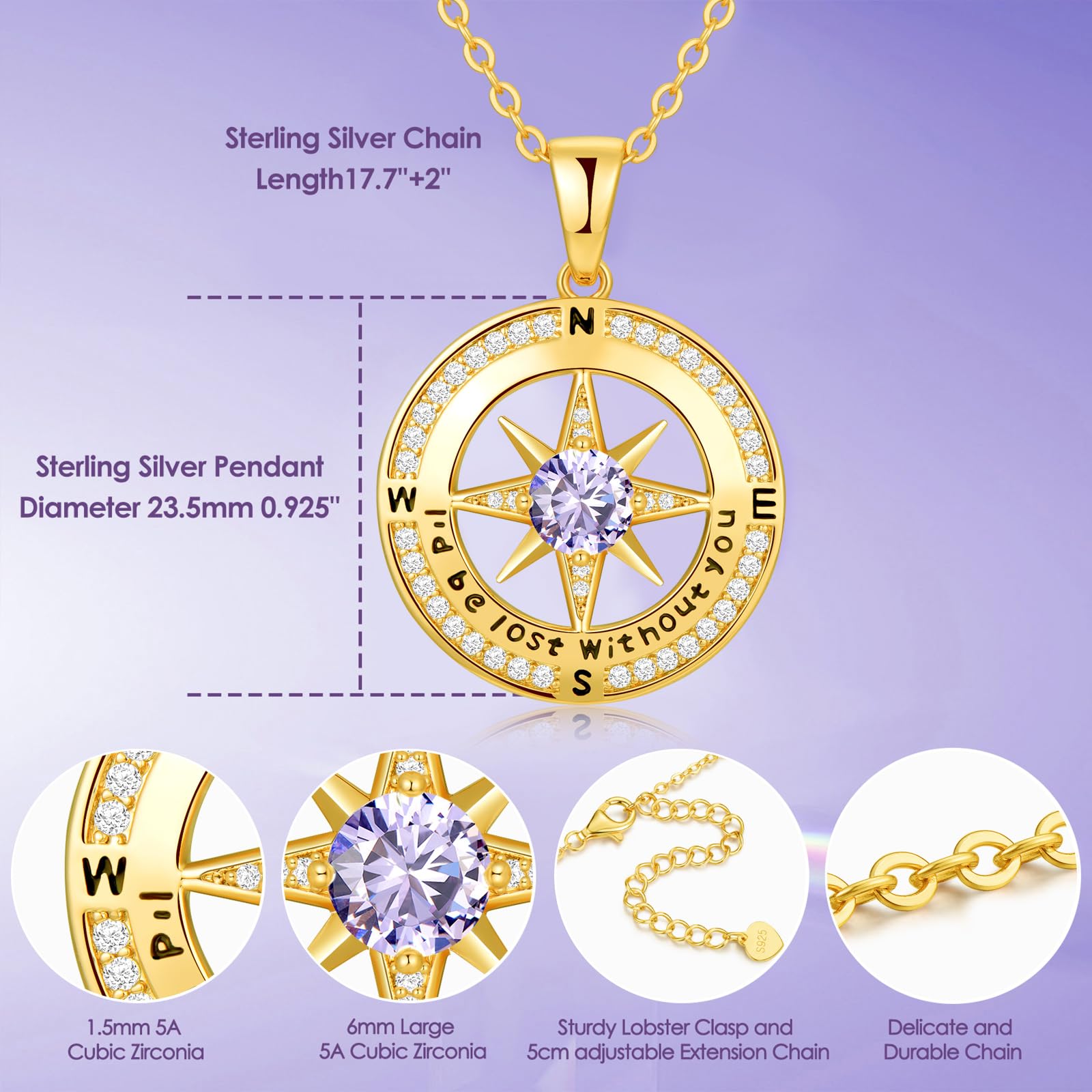 925 Sterling Silver Compass Necklace with Birthstone - Elegant Jewelry Gift for Women, Wife, Girlfriend - Perfect for Anniversary, Birthday, Valentine's Day, Mother's Day & Christmas - Ideal for Everyday Wear, Date Nights & Special Occasions