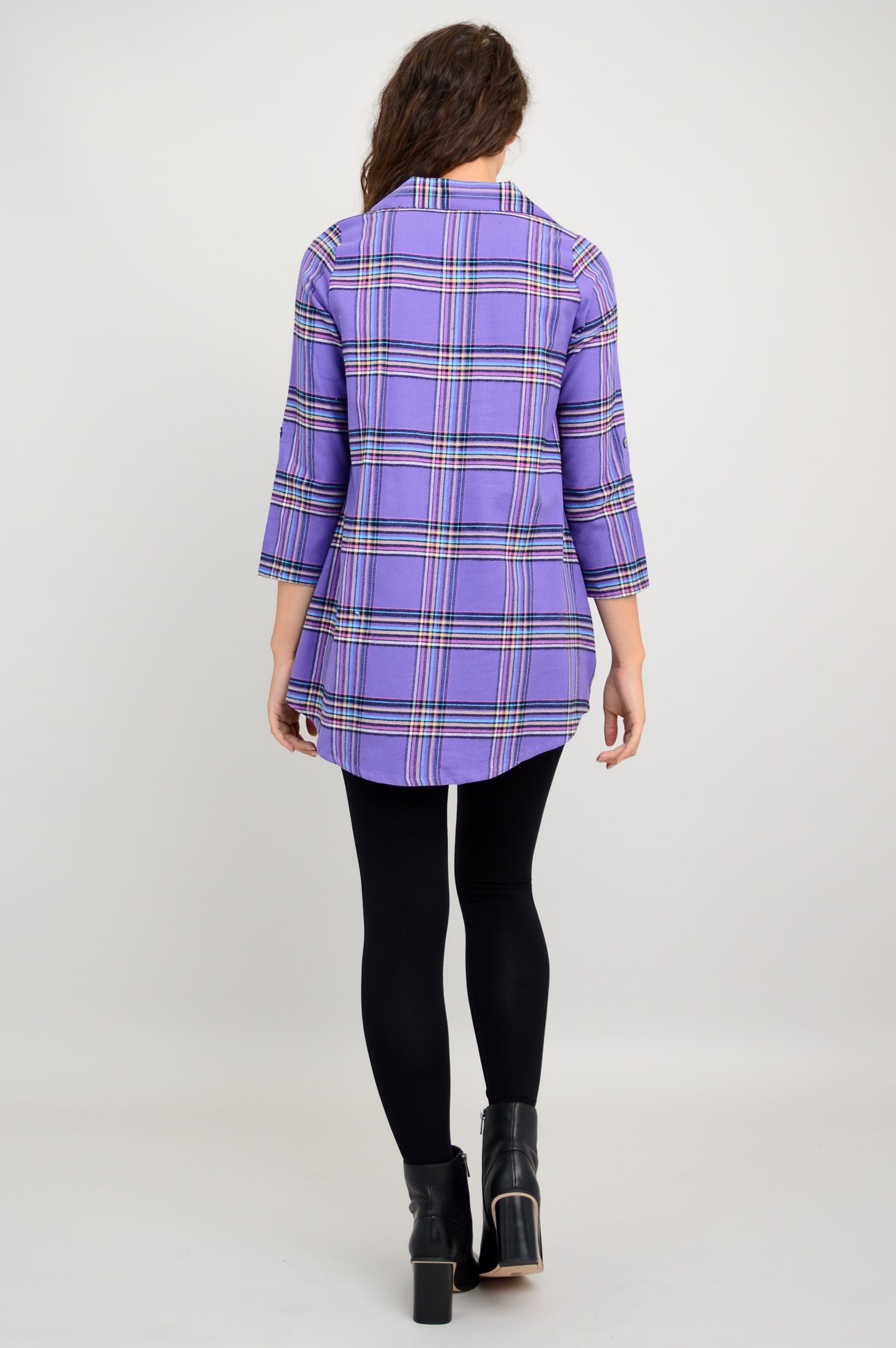 Celine Tunic Top - Violet Plaid Cotton Flannel Shirt for Women | Casual Fall Outfit, Layering Piece & Office Wear