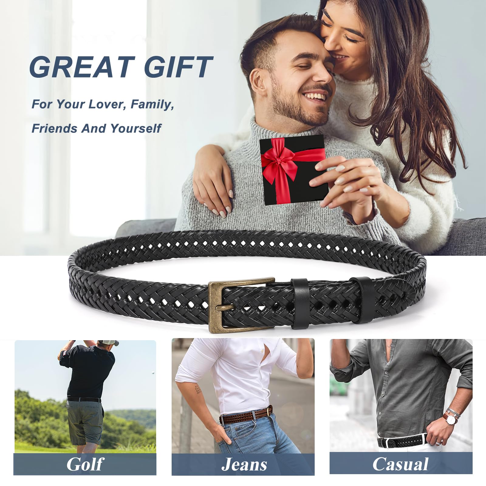 Braided Leather Belt for Men - Handwoven Genuine Leather Belt with Alloy Buckle - Casual, Jeans & Golf Wear - Perfect Gift for Him - Ideal for Office, Outdoor & Daily Use