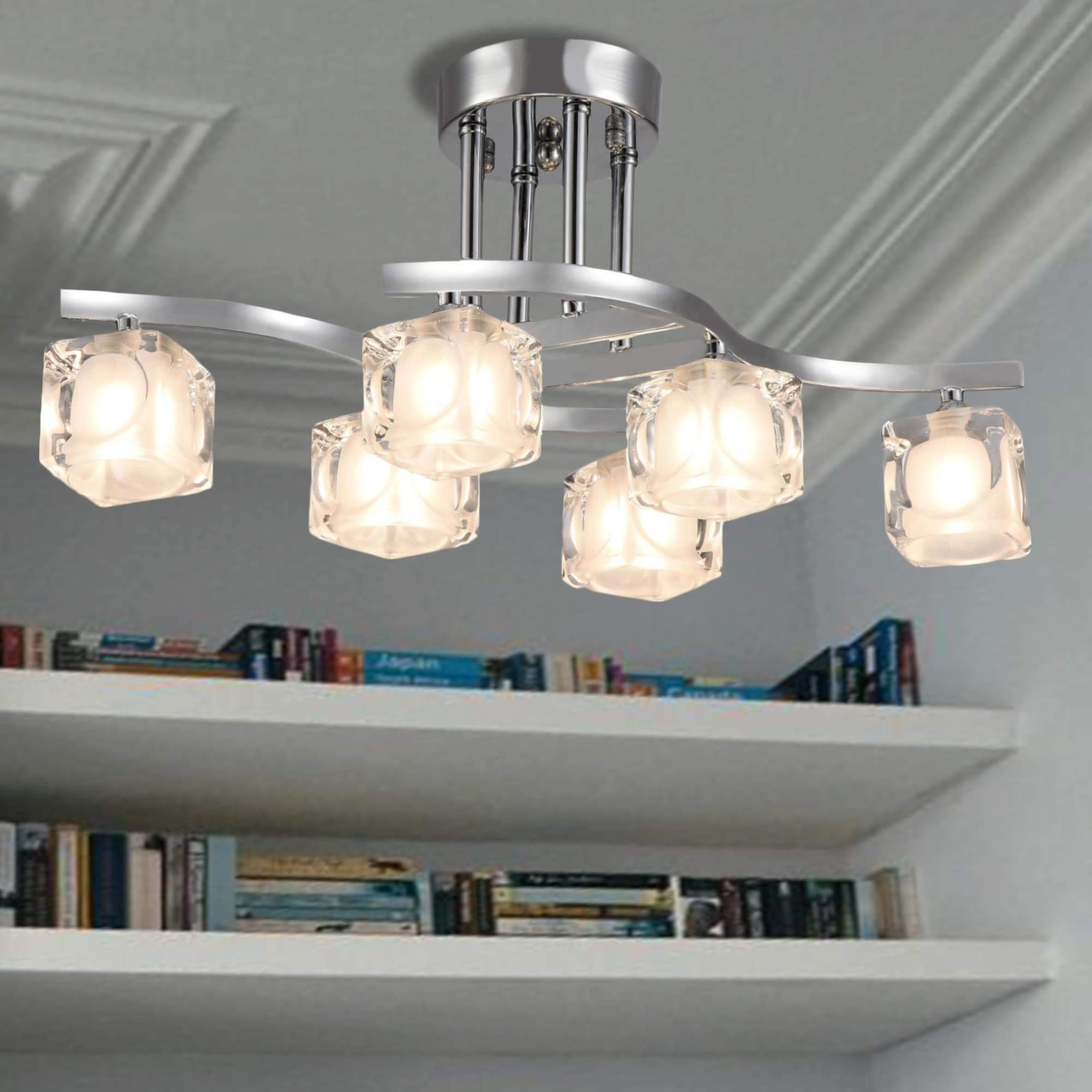 Tiffany Style Delphina 9 Inch 6-Light Semi-Flush Mount Ceiling Light Fixture - Chrome Finish with Included Light Kit - Perfect for Dining Room, Bedroom, and Hallway Lighting