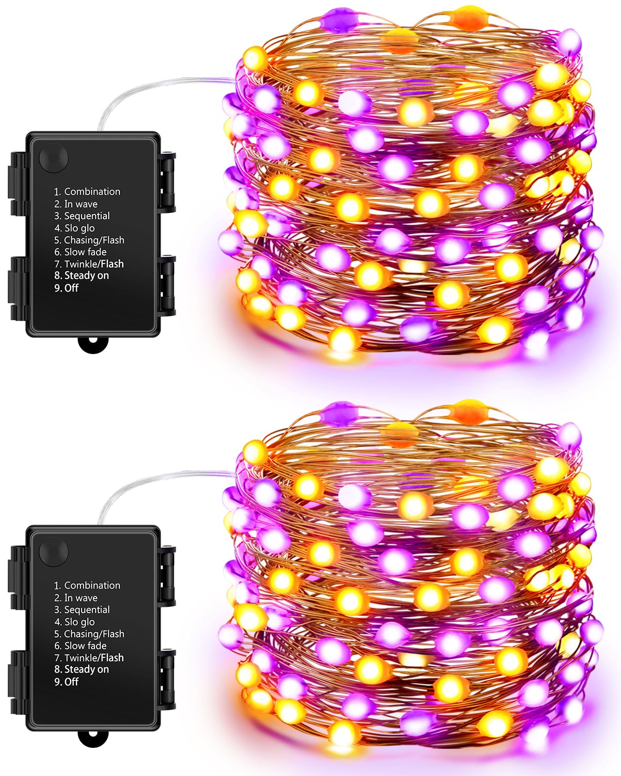 33ft 100 LED Christmas Fairy String Lights - 8 Lighting Modes, Battery Operated Waterproof Twinkle Lights for Indoor & Outdoor Decor (Purple & Orange 2 Pack) - Perfect for Holiday Tree, Party, Wedding & Garden Decoration