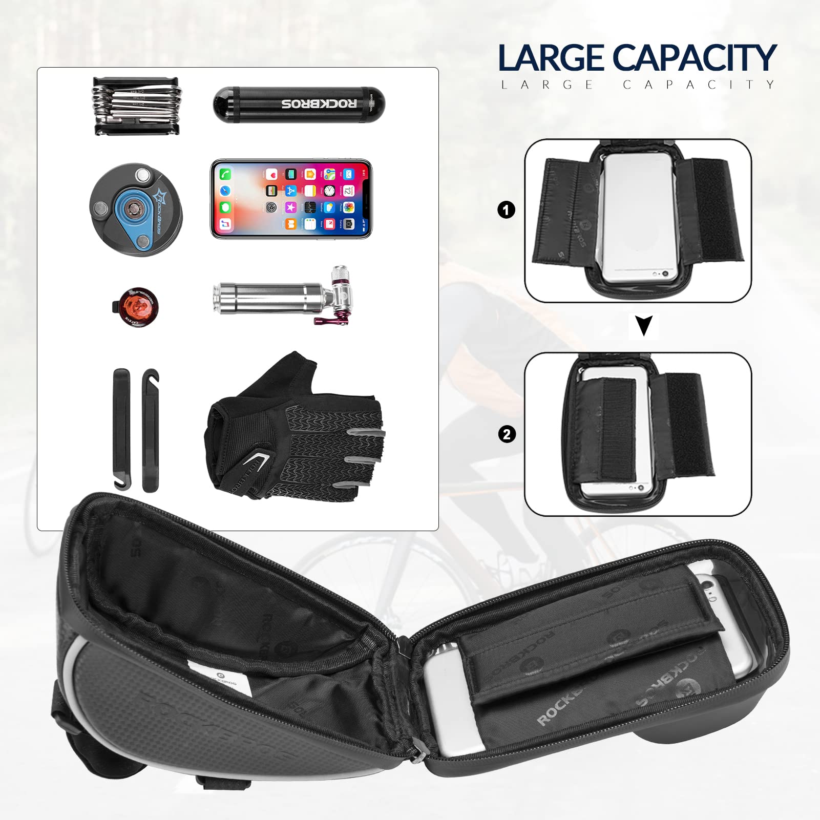ROCKBROS Waterproof Bike Phone Mount Bag - Front Frame Handlebar Pouch for iPhone 11/XS Max/XR/8 Plus (Under 6.5