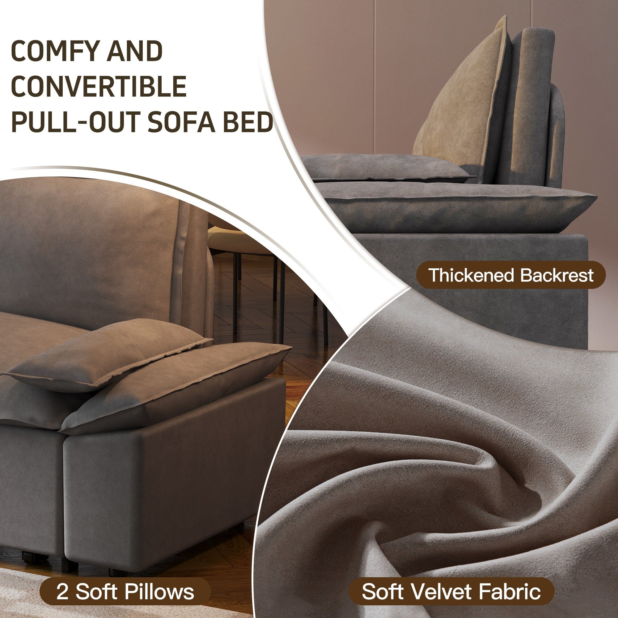 3 in 1 Convertible Sleeper Sofa Bed - Queen Size Pull Out Couch with Velvet Upholstery & Pillows - Space Saving Furniture for Small Apartments, Guest Rooms & Home Offices