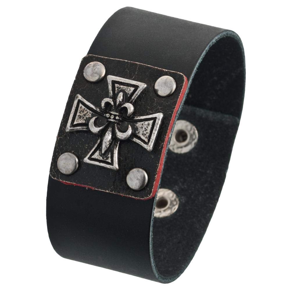 Old Glory Fleur De Lis Iron Cross Leather Wristband for Men - Patriotic American Biker Bracelet - Vintage Style Leather Cuff for Motorcycle Riders, Military, Outdoor Enthusiasts