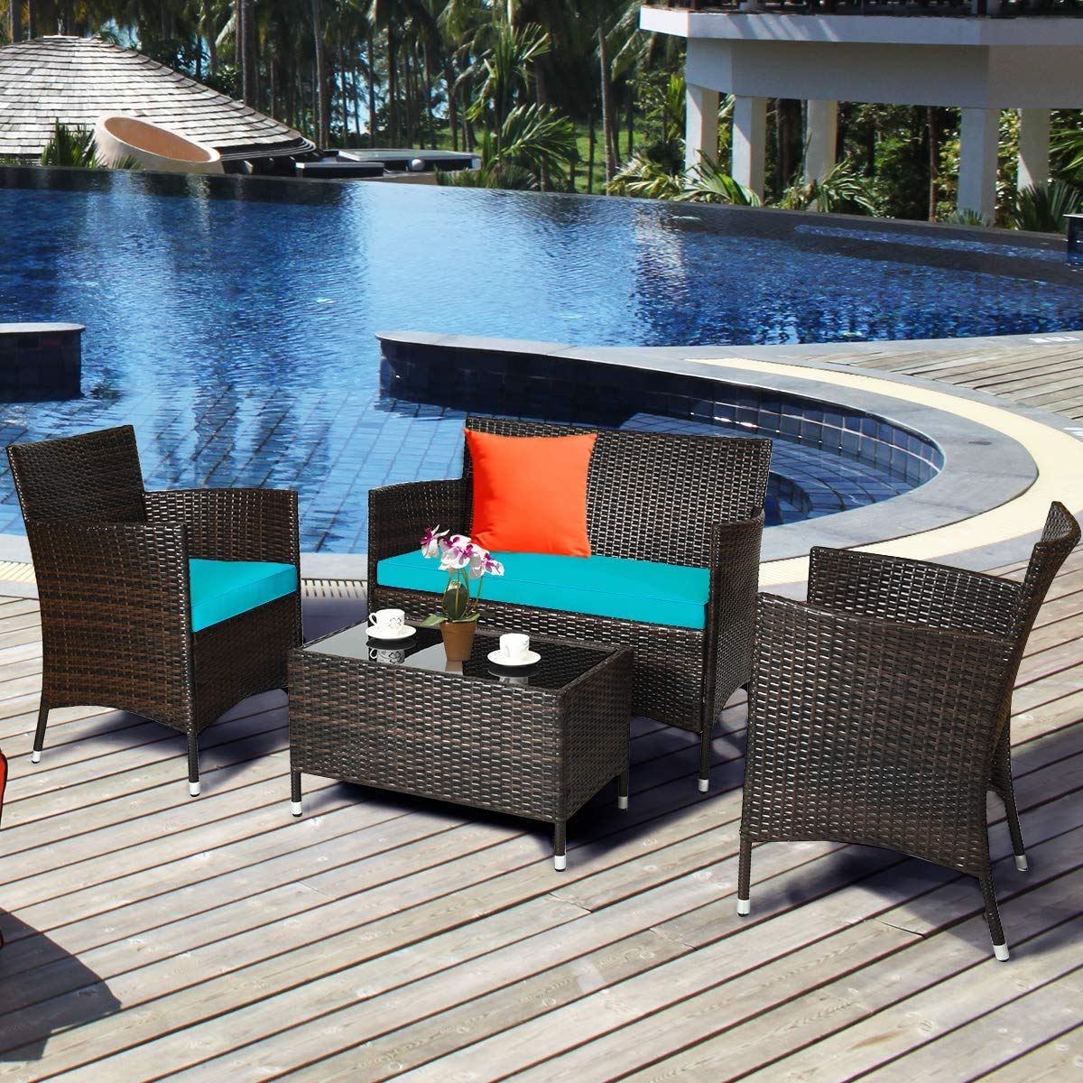 4-Piece Outdoor Rattan Furniture Set with Tempered Glass Coffee Table & Cushions - Modern Wicker Sofa Set for Patio, Backyard, Porch, Garden, Poolside (Blue) - Perfect for Relaxing, Entertaining & Outdoor Lounging