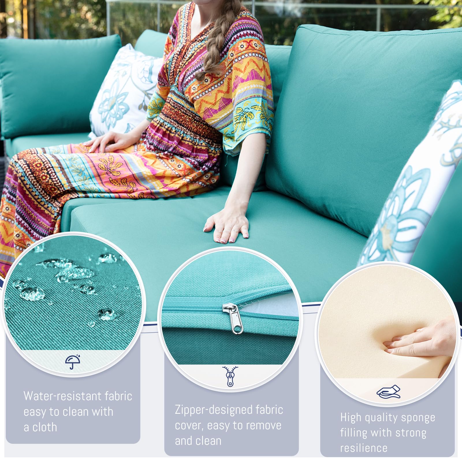 BULEXYARD 5-Piece Grey Rattan Patio Furniture Set with Gas Fire Pit Table - Deep Seat Outdoor Sectional Sofa & Wicker Conversation Couch (Grey/Aqua Blue) for Backyard, Garden, and Poolside Relaxation