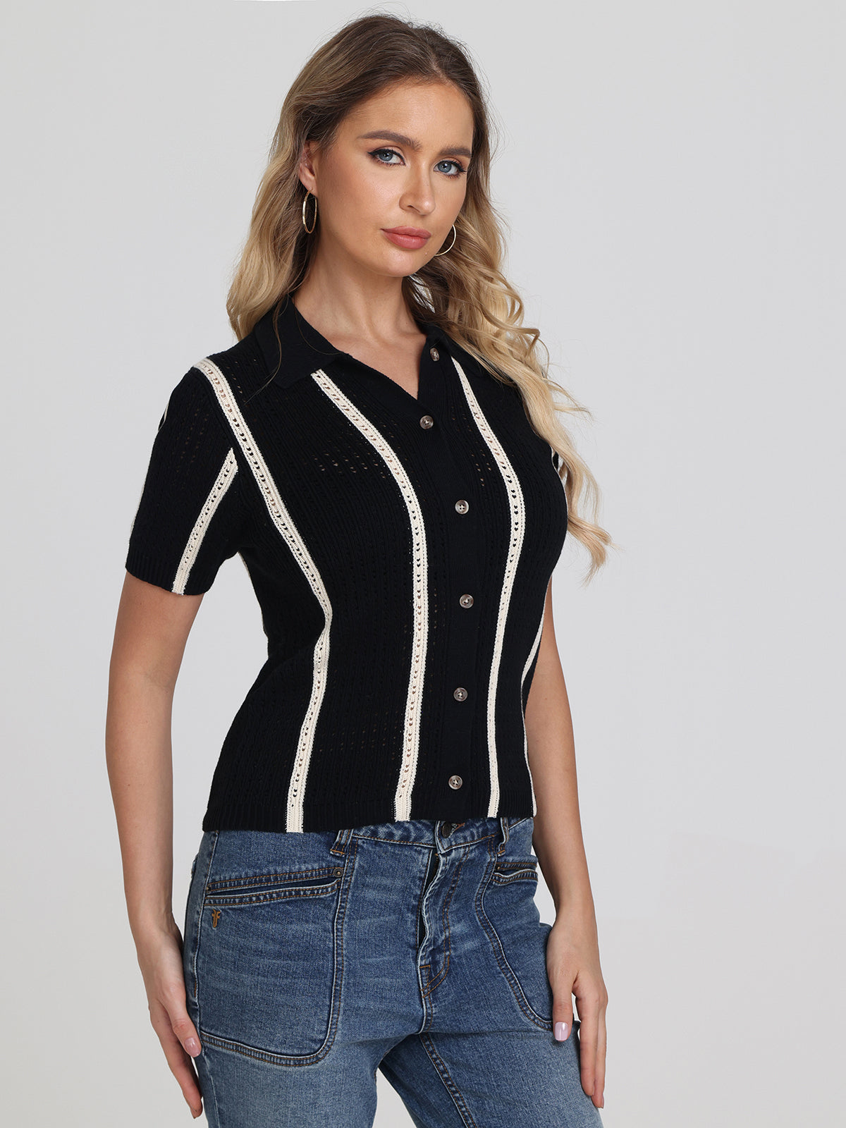 Jada Women's Stripe Polo Button Down Shirt - Casual & Office Wear - Perfect for Work, Business, and Everyday Outfits