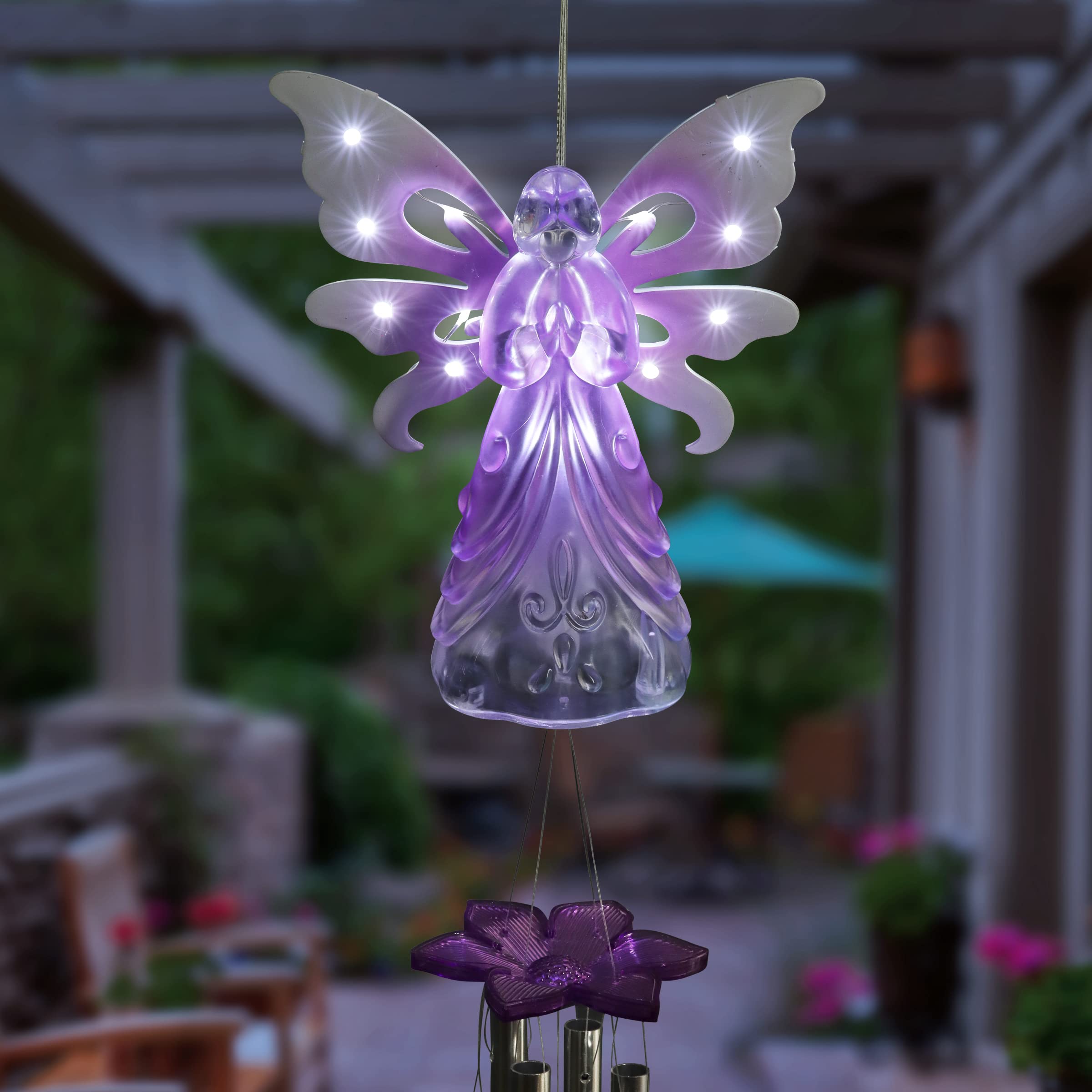 Solar-Powered Angel Wind Chime with 13 LED Firefly Lights - Purple Acrylic Metal Wings for Outdoor Garden, Patio, and Yard Decoration (6.5 x 4 x 42 Inch) - Perfect for Relaxing Evenings and Backyard Ambiance