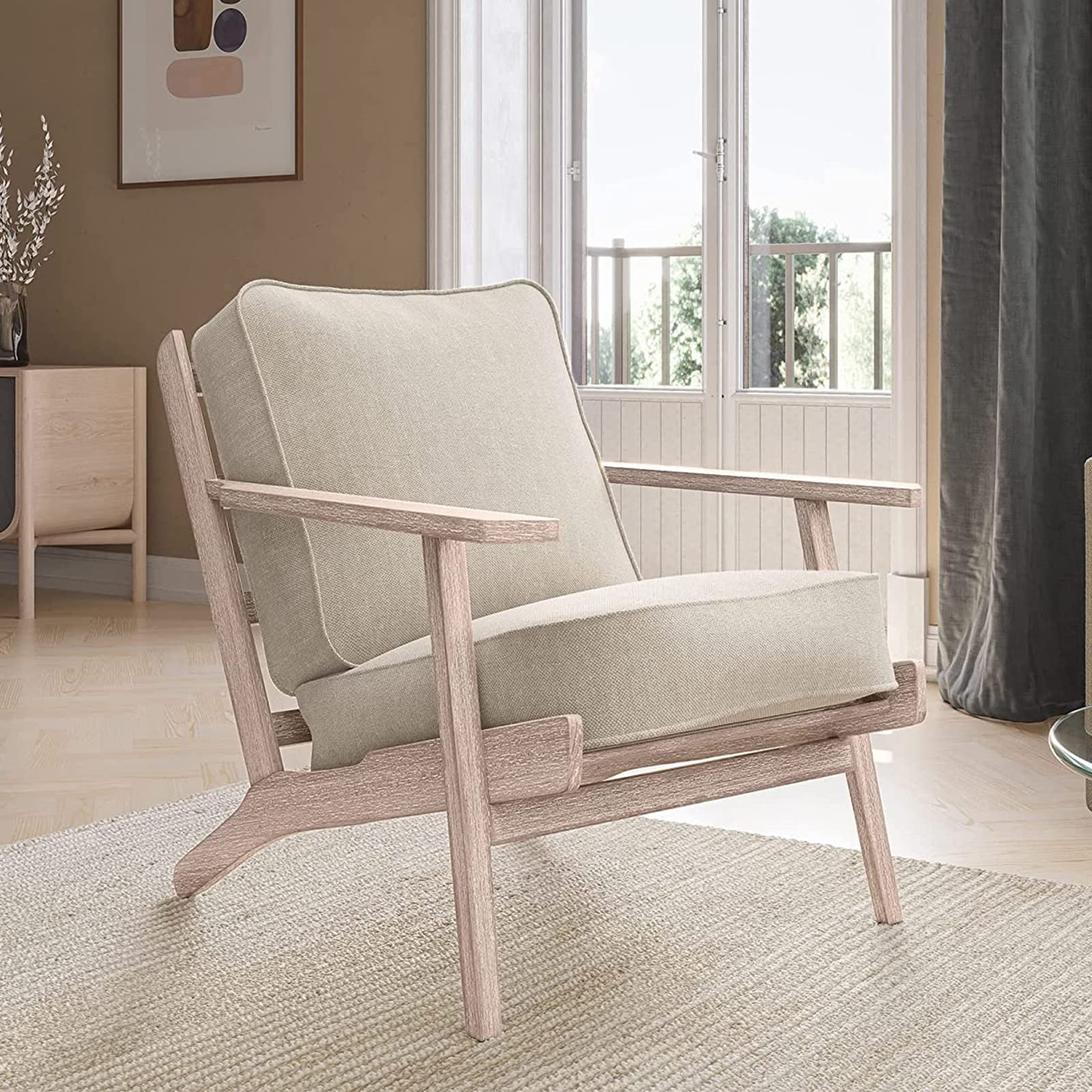 BELLEZE Mid Century Modern Chairs Set of 2 - Upholstered Linen Armchairs with Solid Wood Frame - Easy Assembly Accent Chairs for Living Room, Bedroom, Office - Maximus (Natural) | Perfect for Home Decor, Reading Nook & Guest Seating