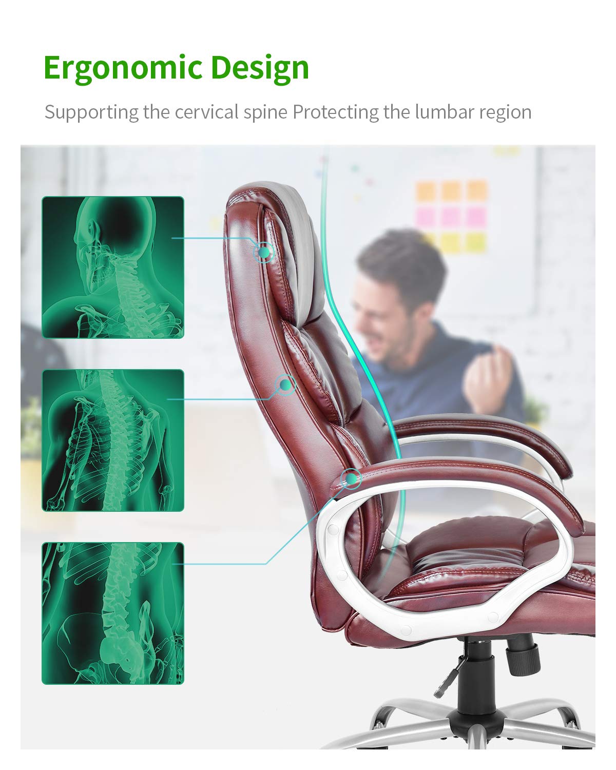 Ergonomic High Back Office Chair - Adjustable Executive Desk Chair with PU Leather, Lumbar Support & Armrests - Perfect for Home Office, Gaming & Workspaces (Brown)