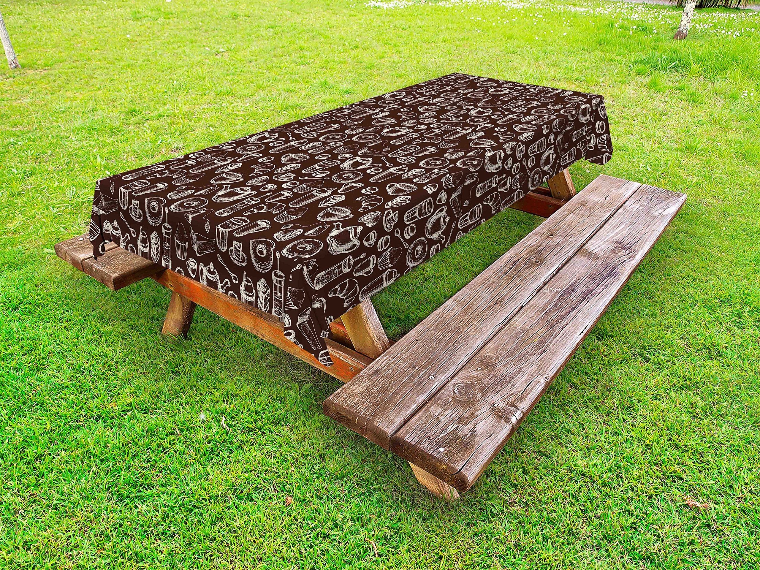 Ambesonne Brown and White Outdoor Tablecloth - Hand Drawn Coffee Tea Cups Donuts Sweets Pattern - Washable Picnic Table Cover 58x84 Inches - Perfect for Garden Parties, BBQs, and Outdoor Dining - Dark Brown and White Decorative Tablecloth