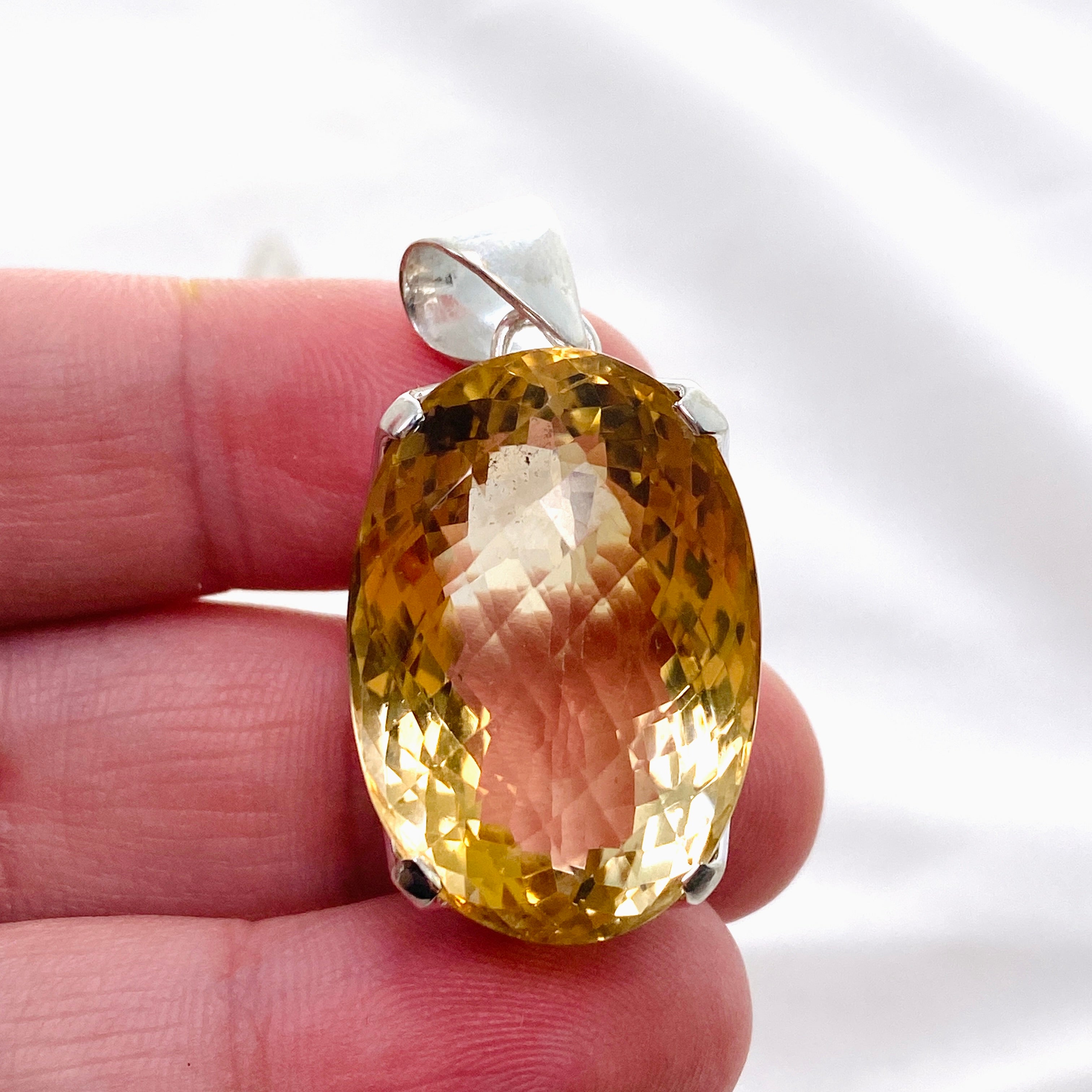 Natural Citrine Gemstone Oval Checkerboard Faceted Pendant Necklace - KPGJ4786 - Elegant Jewelry Gift for Women, Perfect for Parties, Weddings & Special Occasions