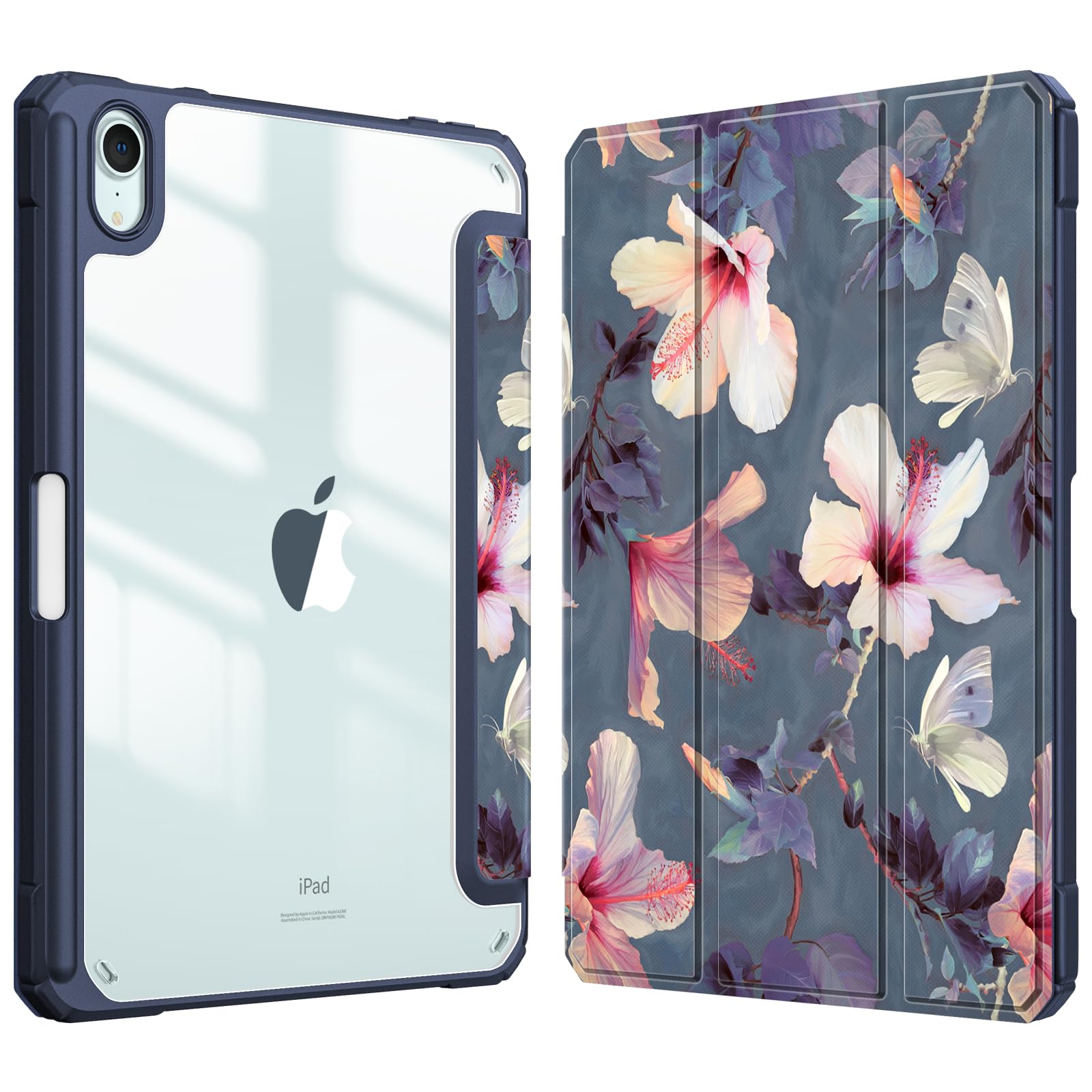 Fintie Hybrid Slim Shockproof Case for iPad Mini 7 (2024, A17 Pro) & iPad Mini 6 (6th Gen) 8.3 Inch - Clear Transparent Back with Built-in Apple Pencil Holder, Hibiscus Design - Perfect for Work, Travel & School Protection