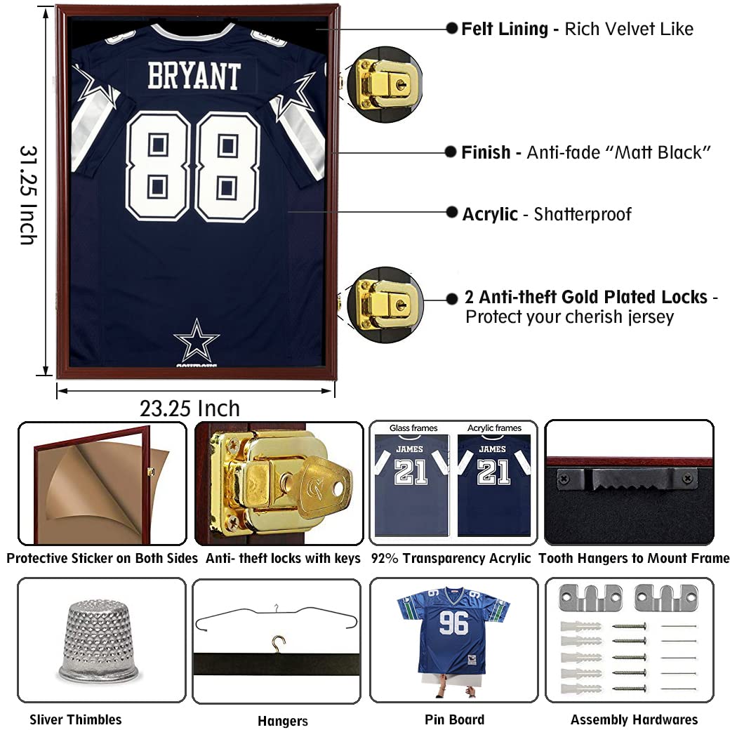 Large Lockable Jersey Display Frame Case with UV Protection Acrylic - Shadow Box for Baseball, Basketball, Football, Soccer & Hockey Jerseys - Wall Mount & Hanger Options - Perfect for Sports Memorabilia, Man Cave Decor & Fan Cave Displays