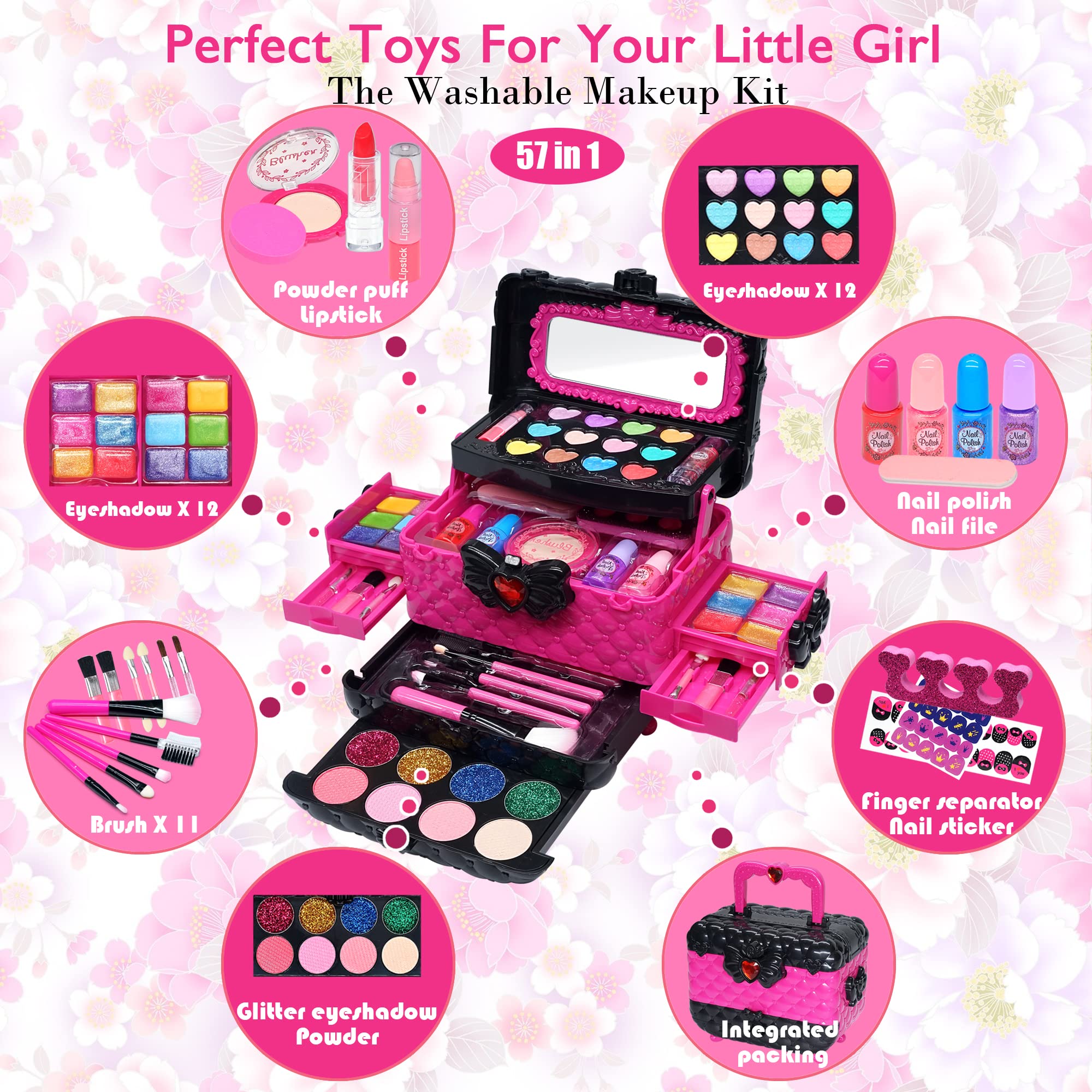 Kids Makeup Kit - 57 PCS Non-Toxic & Washable for Princess Play & Birthday Gifts