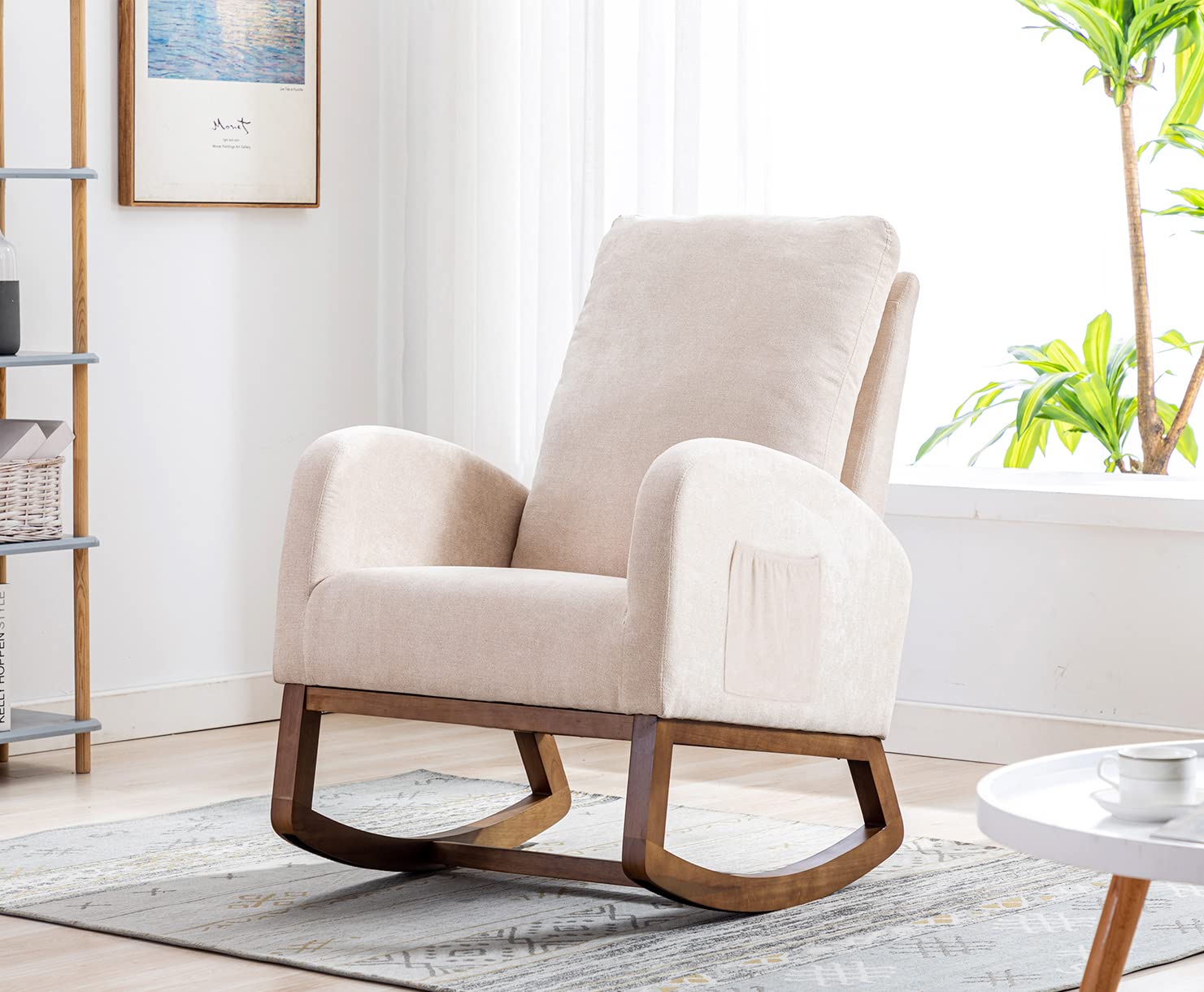 Antetek Modern Upholstered Rocking Chair - Nursery Glider Rocker for Baby & Kids, Comfortable High-Back Armchair with Side Pocket, Perfect for Living Room, Nursery & Lounge (Beige) | Ideal for Breastfeeding, Reading & Relaxing