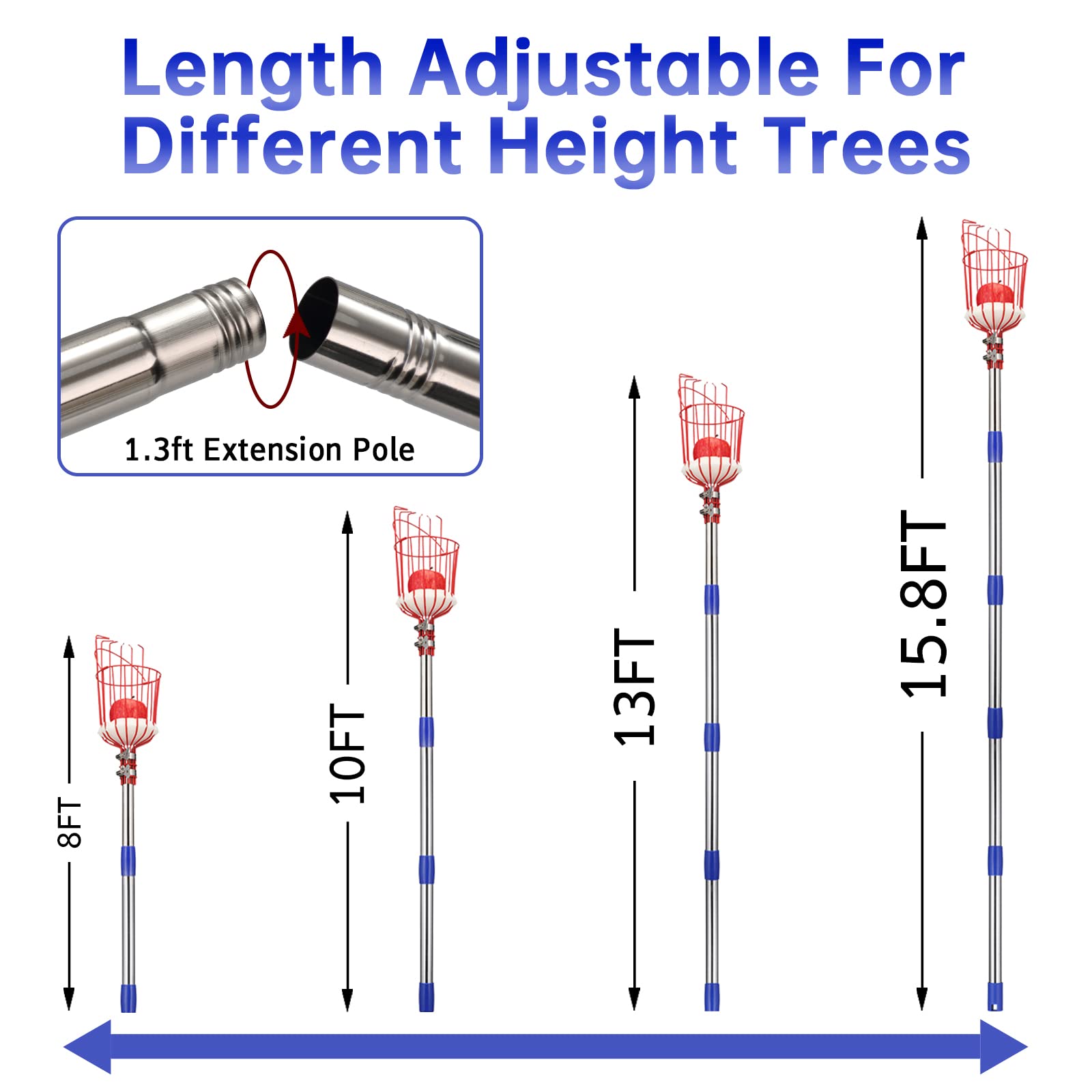 13FT Adjustable Fruit Picker Pole with Basket - Stainless Steel Harvesting Tool for Apples, Cherries, Berries, Oranges & More - Perfect for Home Orchards, Backyard Harvesting & Tall Tree Fruit Picking