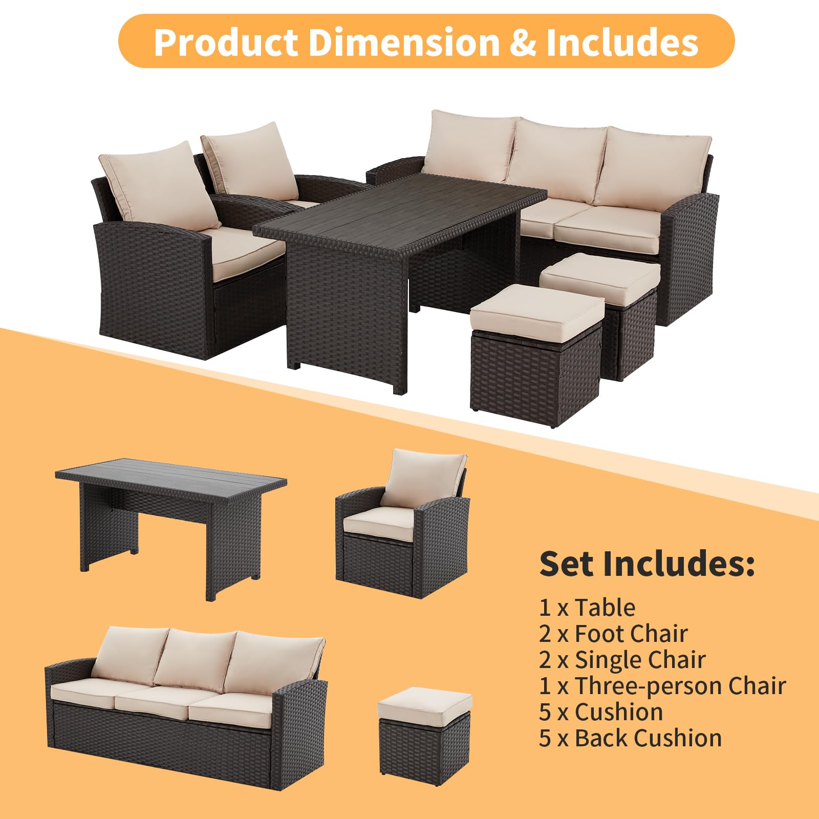 HOMREST 6-Piece Outdoor Patio Furniture Set - All-Weather Wicker Rattan Sectional Sofa with Dining Table & Chairs (Beige) - Perfect for Backyard, Garden, Poolside, Patio & Deck - Ideal for Outdoor Entertaining, Lounging & Dining Al Fresco - Great for Summer BBQs, Family Gatherings & Relaxing in the Sunshine - Durable & Stylish Outdoor Furniture for Pool Parties, Garden Tea Time & Sunset Cocktails