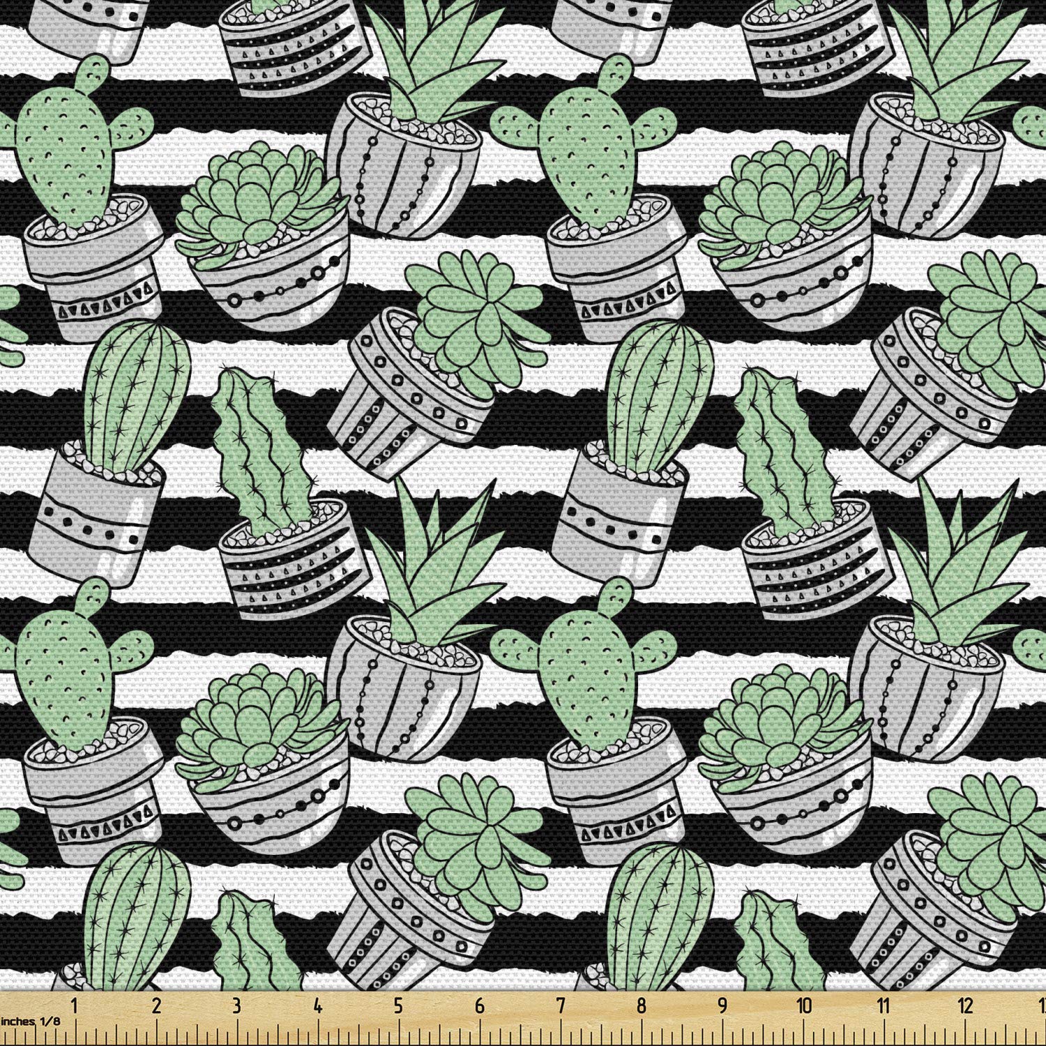 Ambesonne Agave Fabric by The Yard - Cacti Plants in Pots Endemic Flora Motifs on Sketchy Striped Backdrop - Decorative Upholstery Fabric for Sofa, Curtains, Pillows - 10 Yards, Pale Grey Almond Green - Perfect for Boho Home Decor, DIY Crafts & Interior Design Projects