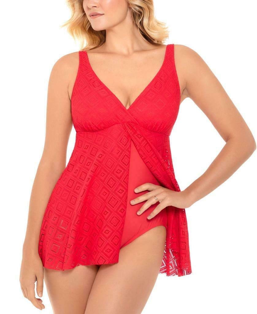 Swim Solutions Women's Crochet Flyaway Tummy-Control Swimdress Coral Orange Size 8 - Perfect for Beach Vacations, Pool Parties & Summer Getaways