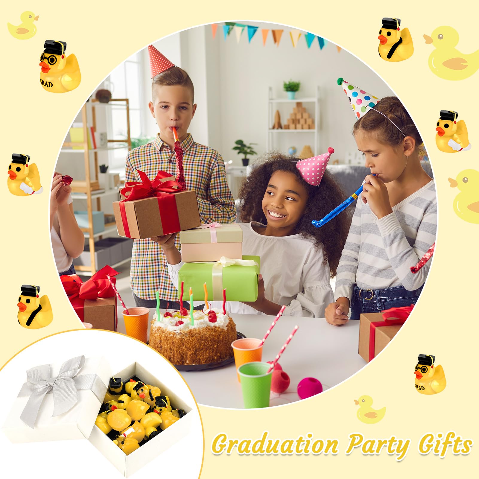 60 Pcs Mini Graduation Resin Ducks with Caps - Bulk Yellow Grad Duck Decorations for Graduation Parties, Gifts & Keepsakes (3 Styles) - Perfect for Graduation Centerpieces, Cake Toppers & Goodie Bag Fillers
