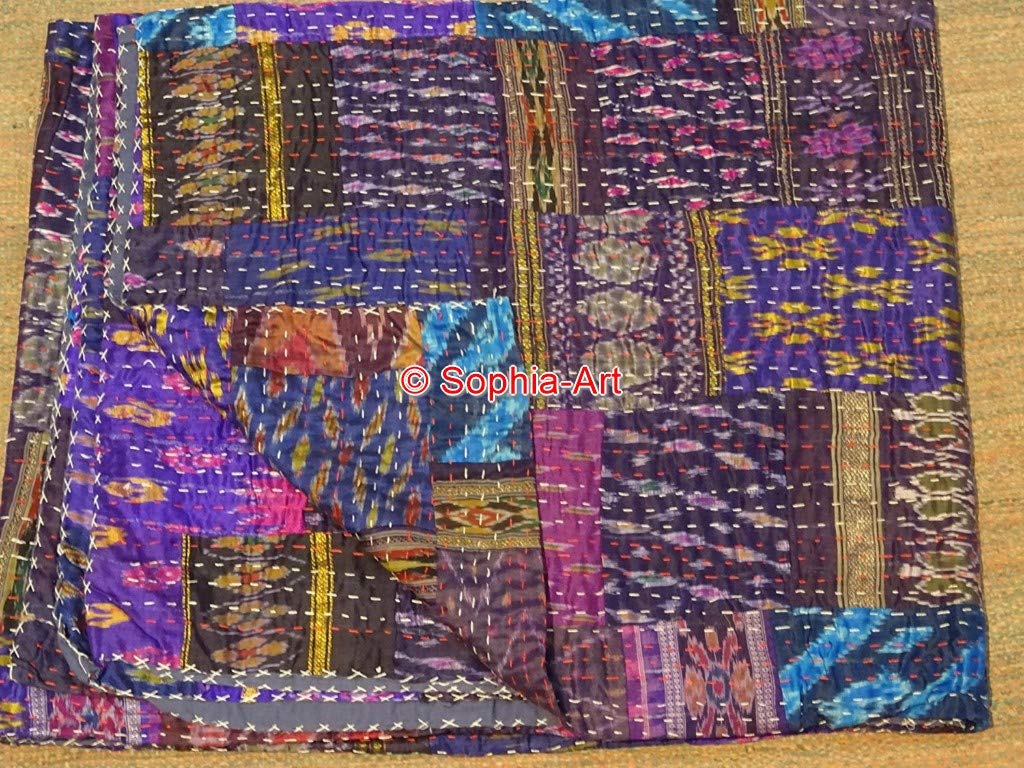 Sophia-Art Indian Silk Sari Kantha Bedspread - Handmade Ethnic Patchwork Quilt Cover in Vintage Bohemian Style (Purple, King Size 90