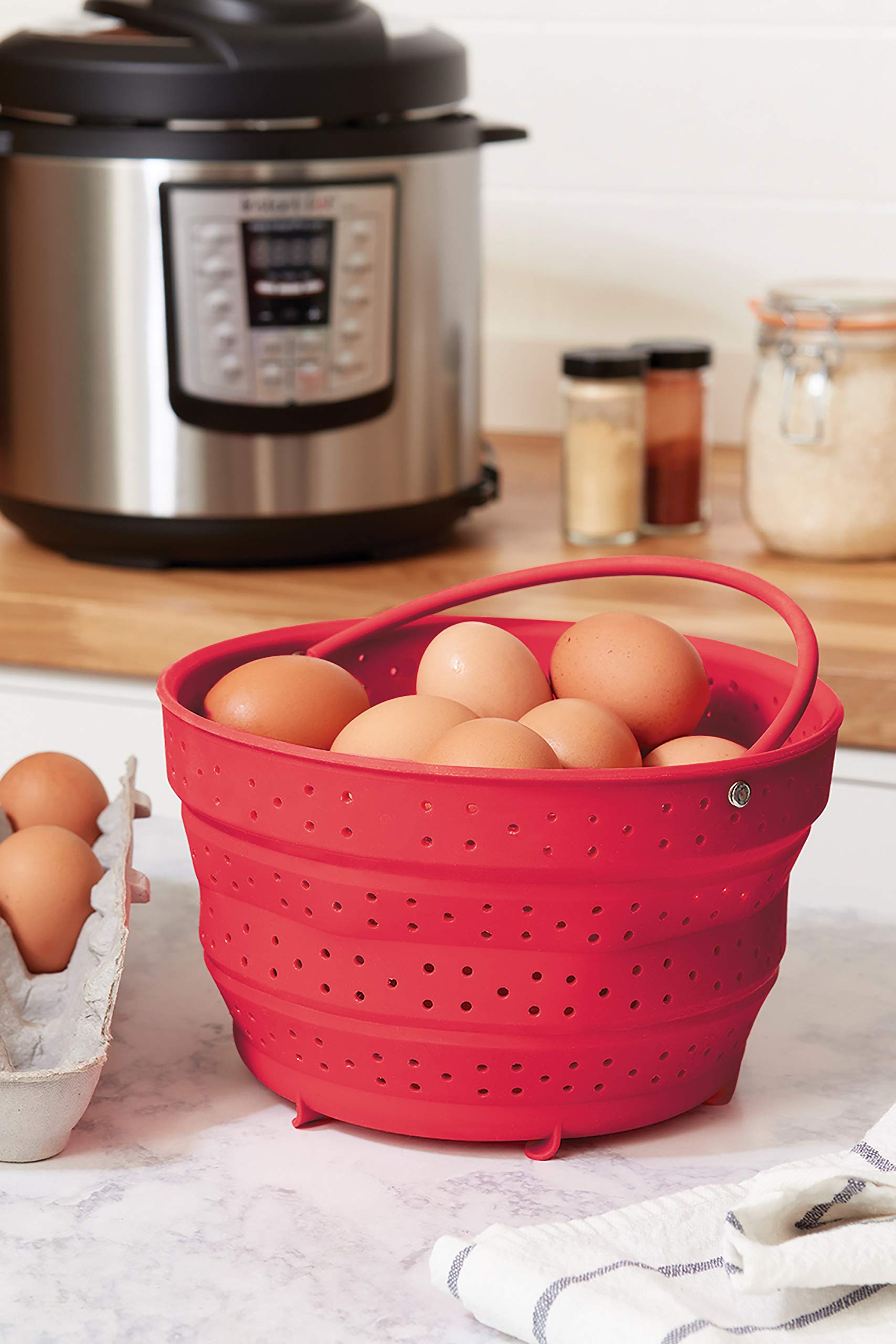 Fox Run Collapsible Silicone Steamer Basket for Instant Pot - 6 Quart, Red - Perfect for Vegetables, Dumplings & Seafood - Fits 6 Qt Pressure Cookers & Multi-Cookers