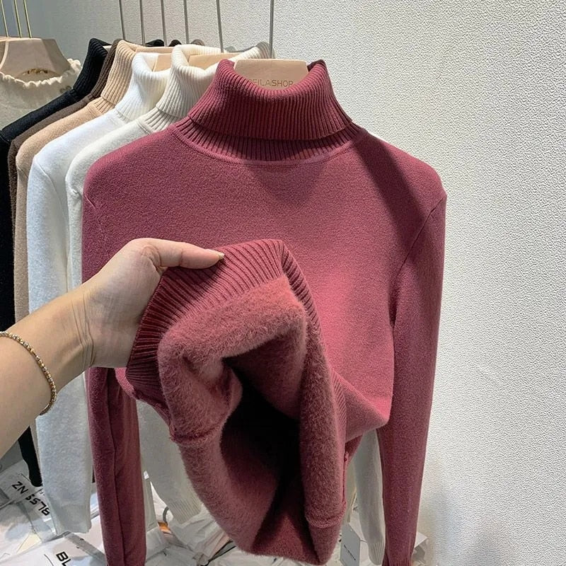 Women's Thick Velvet Turtleneck Sweater - Warm Winter Pullover for Casual Outfits & Holiday Parties