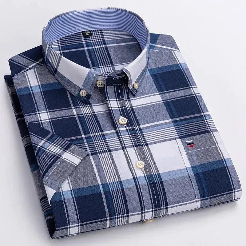 Men's Short Sleeve Plaid Cotton Shirt - Casual Button Down Shirt for Men - Comfortable Breathable Summer Shirt - Perfect for Outdoor Activities, Travel and Daily Wear