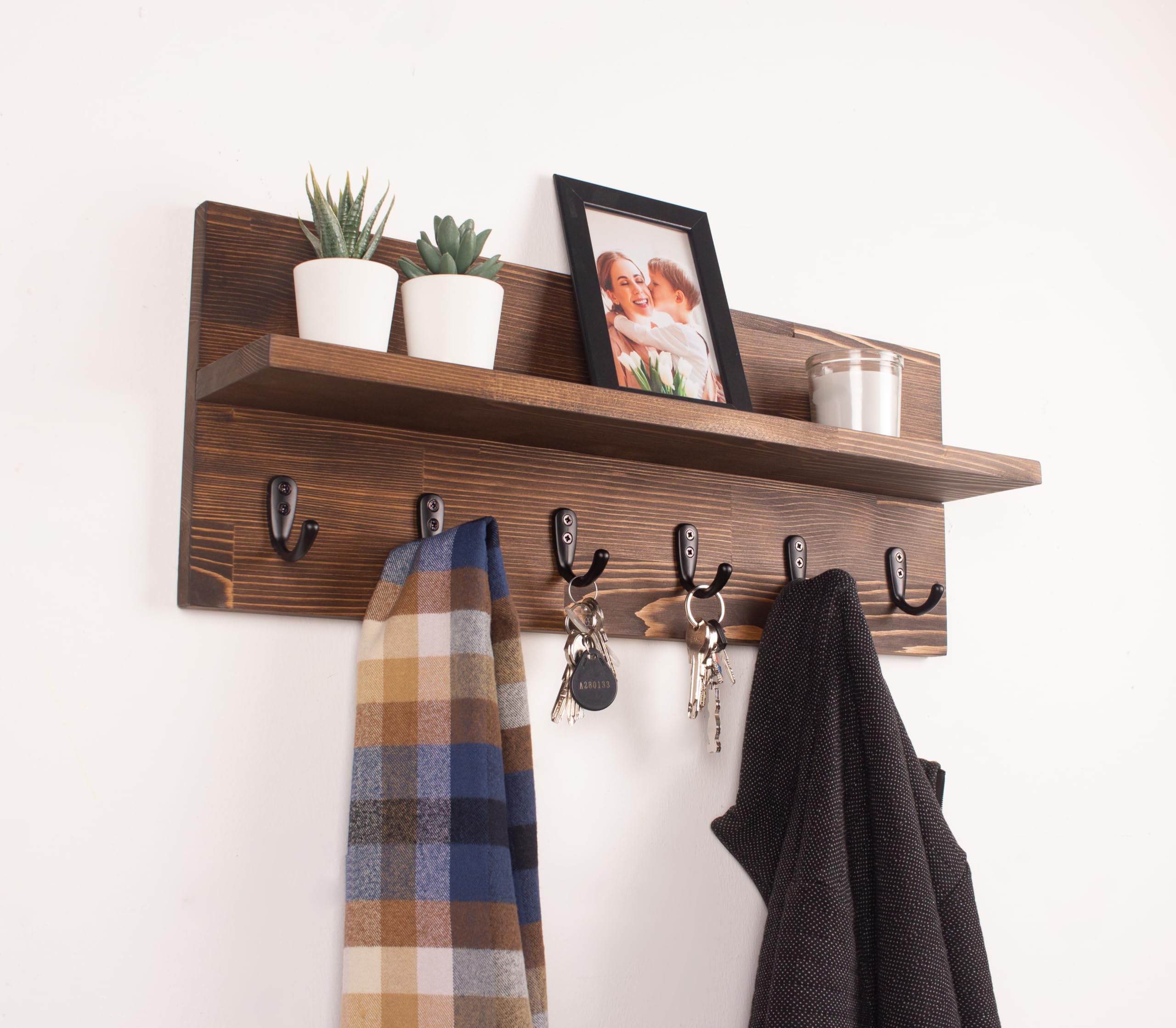 Rustic Wooden Coat Rack with Floating Shelf - 16