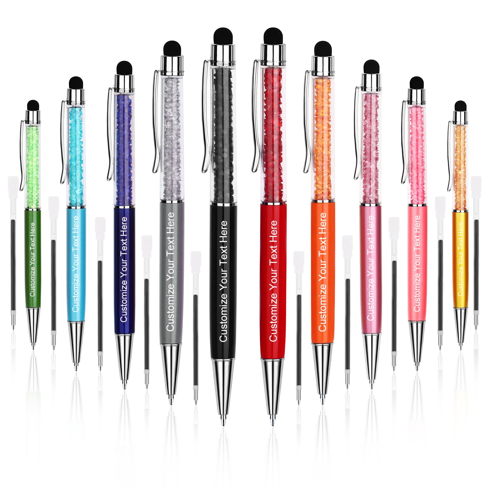 Bnesi 2-in-1 Personalized Crystal Pens with Stylus - 10 Blue Refillable Ink Cartridges - Compatible with Tablets, Smartphones & Laptops - Perfect for Office Work, Note Taking & Digital Signatures