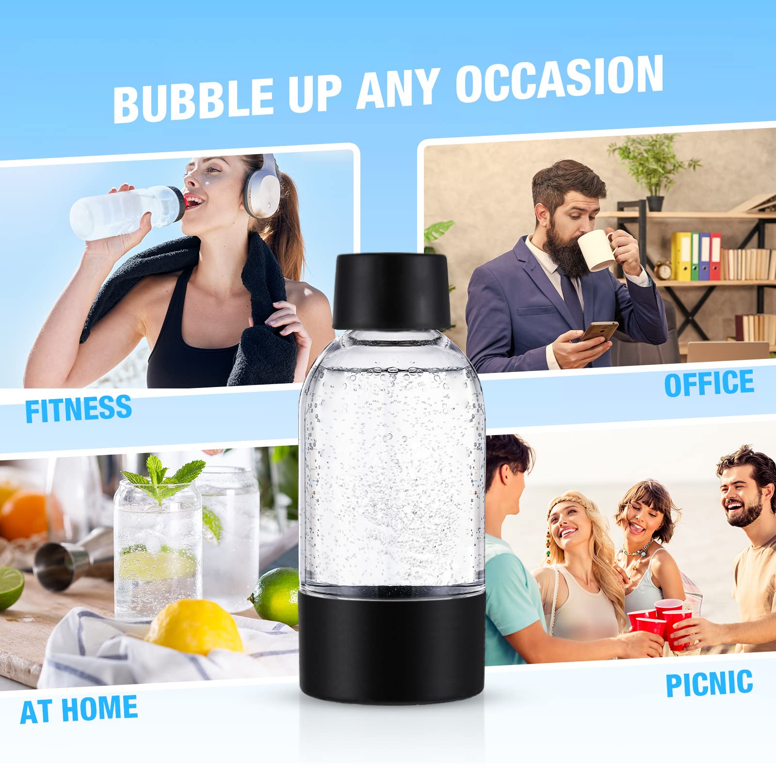 4-Pack Meekoo Clear Plastic Soda Carbonating Bottles (0.5L) - Compatible with iSoda & Drinkmate Soda Makers - Perfect for Homemade Sparkling Water, Cocktails & Party Drinks - Kitchen & Home Carbonation Solution