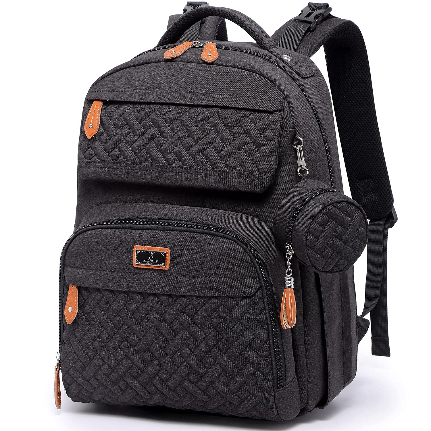 BabbleRoo Waterproof Diaper Bag Backpack for Travel - Multifunctional Baby Carrier with Changing Pad, Pacifier Case & Stroller Straps - Unisex Black Backpack for Parents, Daycare & Family Outings