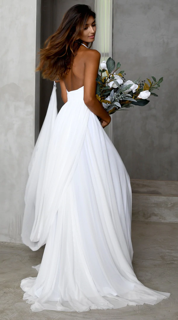 Elegant Long Chiffon White Beach Wedding Dress - Minimalist Summer Maxi Dress for Bridal, Vacation & Photoshoots