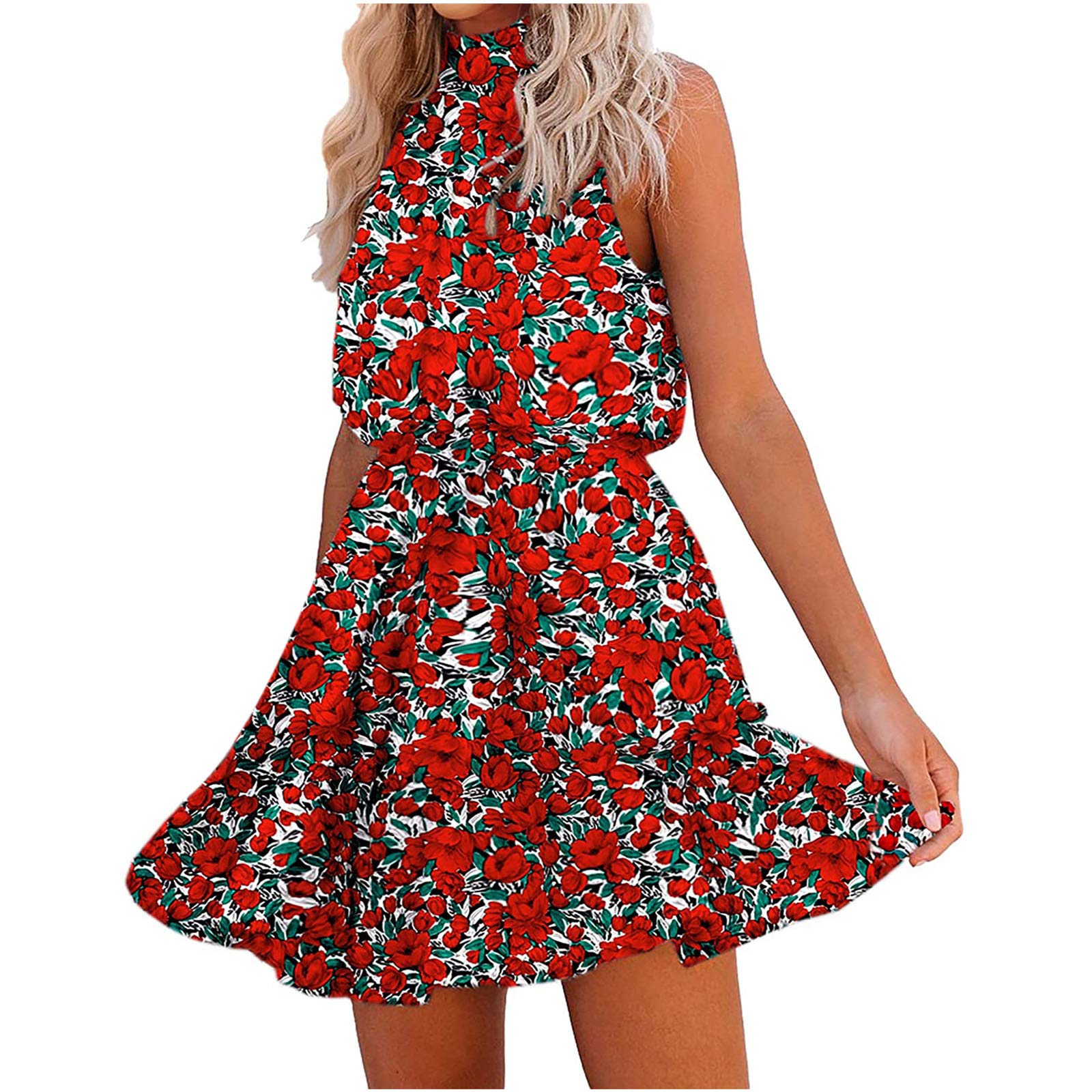 Floral Print Strapless Bandage Halter Dress for Women - Casual Ruffle Summer Dress for Party, Beach, Date Night & Vacation