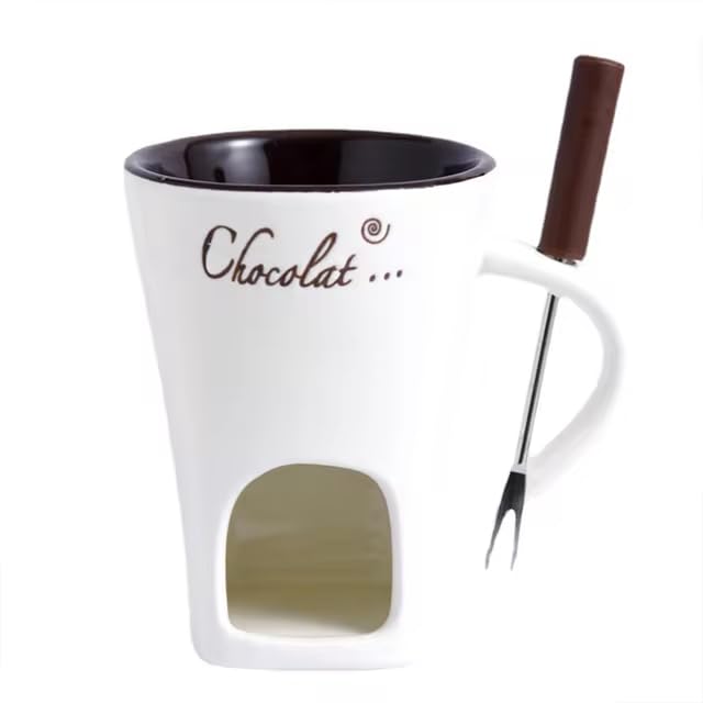 Premium Chocolate Fondue Mugs Set - 4.58oz Ceramic Melting Pots with Forks for Cheese, Caramel & Chocolate | Includes Tealight Candle Holder | Perfect for Valentine's Day, Romantic Dinners & Dessert Parties (White)