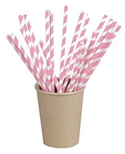 PacknWood 210CHP19PINK 100 Count Biodegradable Pink Striped Paper Straws - Eco-Friendly Disposable Drinking Straws for Parties, Weddings, and Cocktails