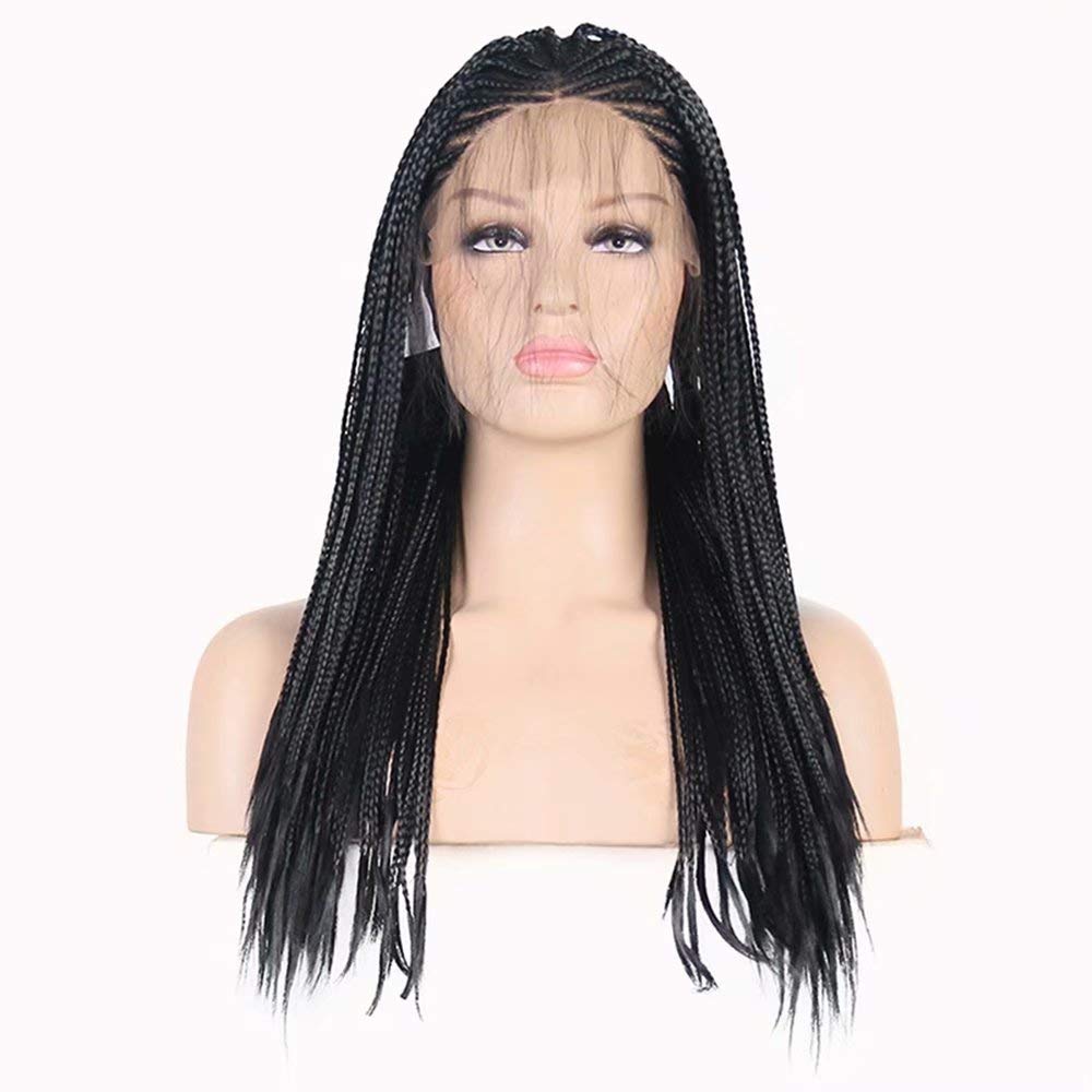 RONGDUOYI RDY 18 Inch Black Braided Lace Front Wig for Black Women - Natural Hairline Synthetic Pre-Plucked Glueless Braid Wig (180% Density, Style 2) - Perfect for Cosplay, Daily Wear & Protective Hairstyles