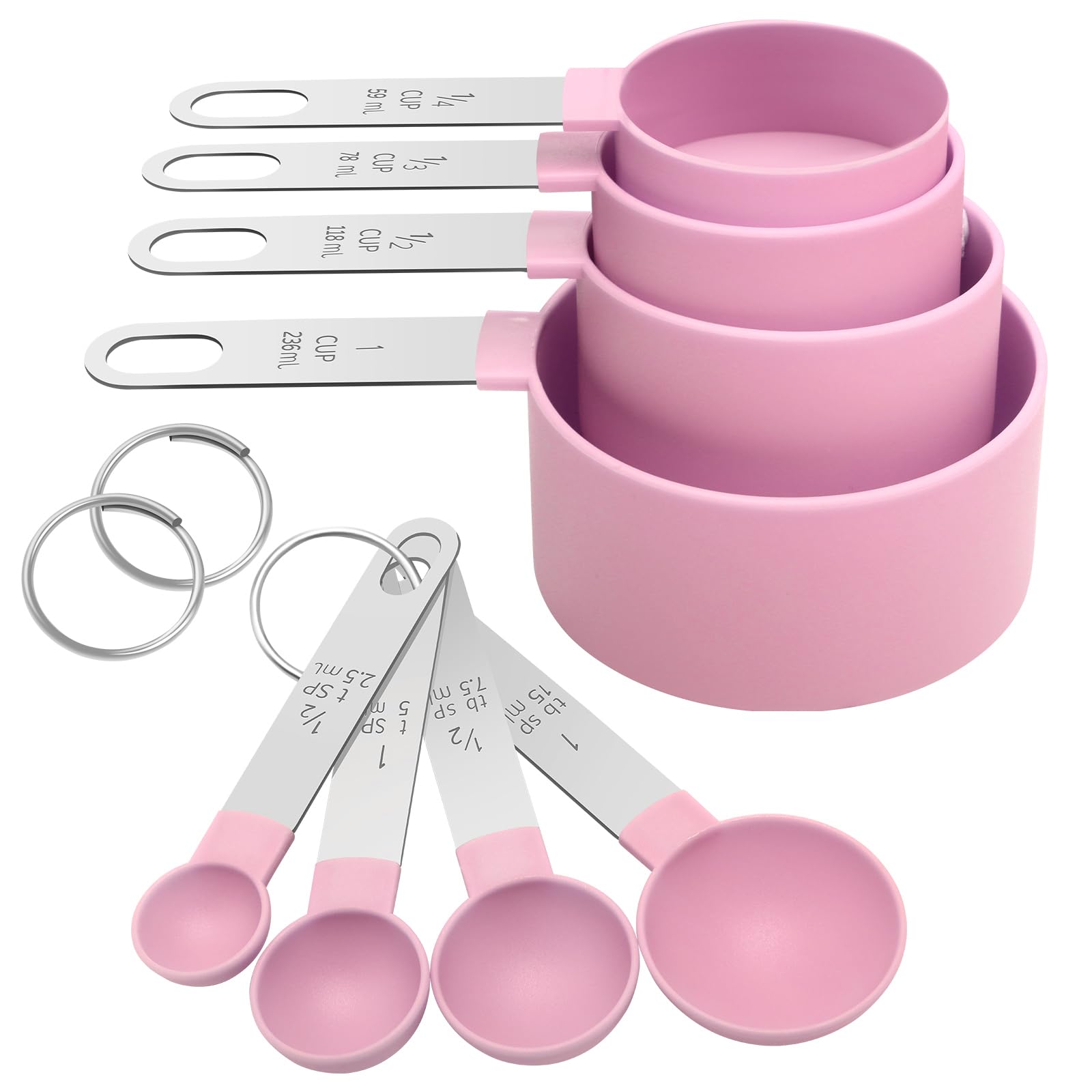 **Stainless Steel Measuring Cups and Spoons Set - Nesting Dry & Liquid Measuring Cups with Plastic Handle - Baking & Cooking Essentials for Kitchen (Pink)**    Perfect for measuring flour, sugar, spices, oils, and liquids – ideal for baking, meal prep, and home cooking.