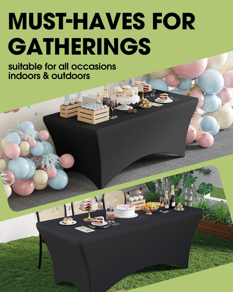 Pureegg Spandex Tablecloth 6ft - 2 Pack, Fitted Stretch Table Cover for Rectangle Tables, Wrinkle-Free & Elastic Tablecloth for Graduation, Wedding, Party & Banquet Decor - Black | Perfect for Dining Tables, Buffet Setups & Event Centerpieces
